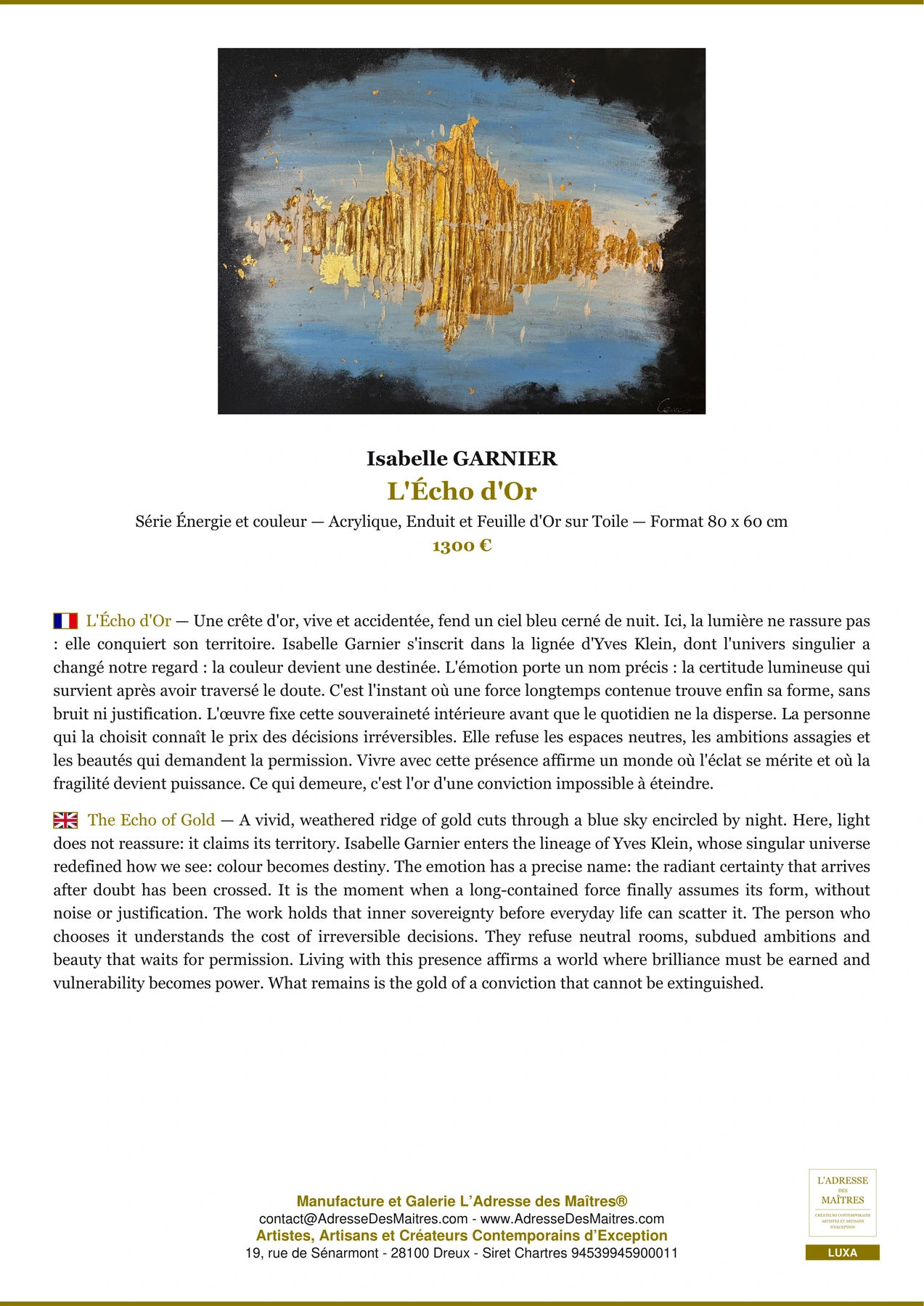 Fiche Premium - L'Écho d'Or - Isabelle GARNIER - L'Adresse des Maîtres®