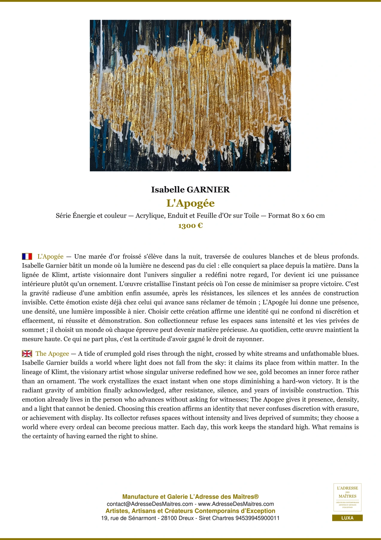Fiche Premium - L'Apogée - Isabelle GARNIER - L'Adresse des Maîtres®