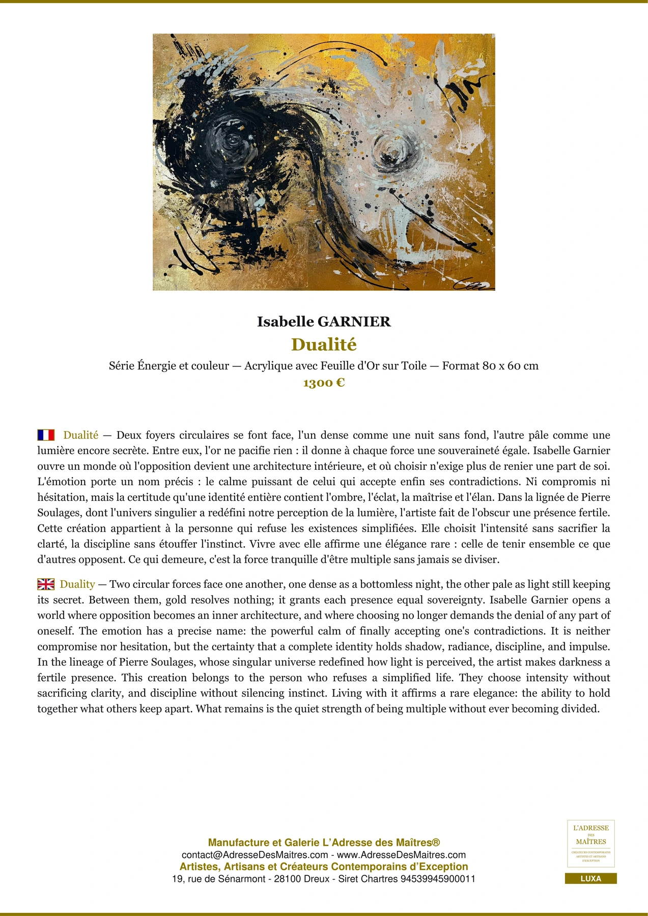 Fiche Premium - Dualité - Isabelle GARNIER - L'Adresse des Maîtres®