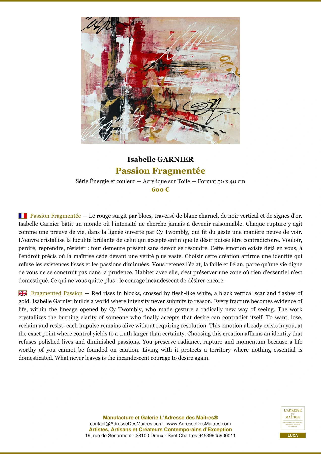 Fiche Premium - Passion Fragmentée - Isabelle GARNIER - L'Adresse des Maîtres®