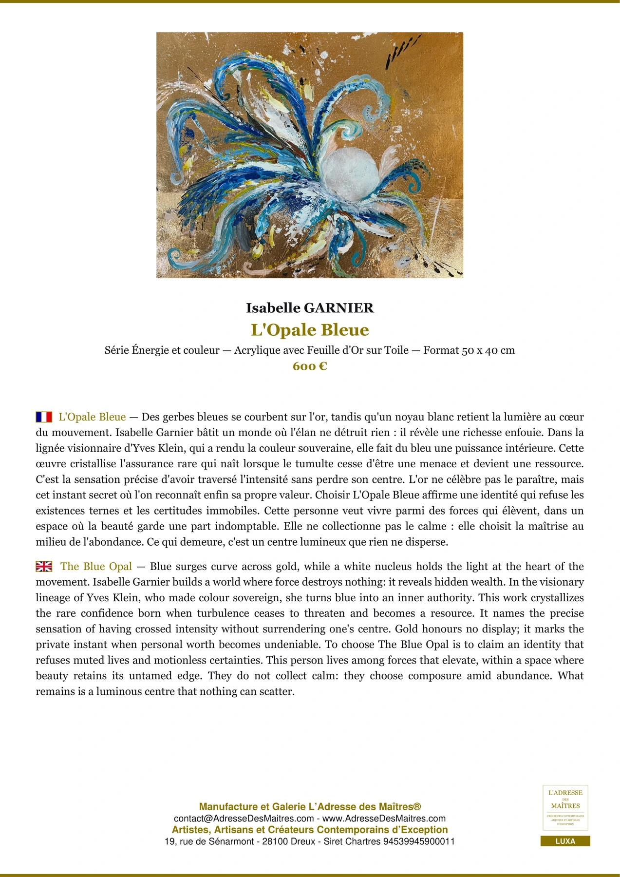 Fiche Premium - L'Opale Bleue - Isabelle GARNIER - L'Adresse des Maîtres®