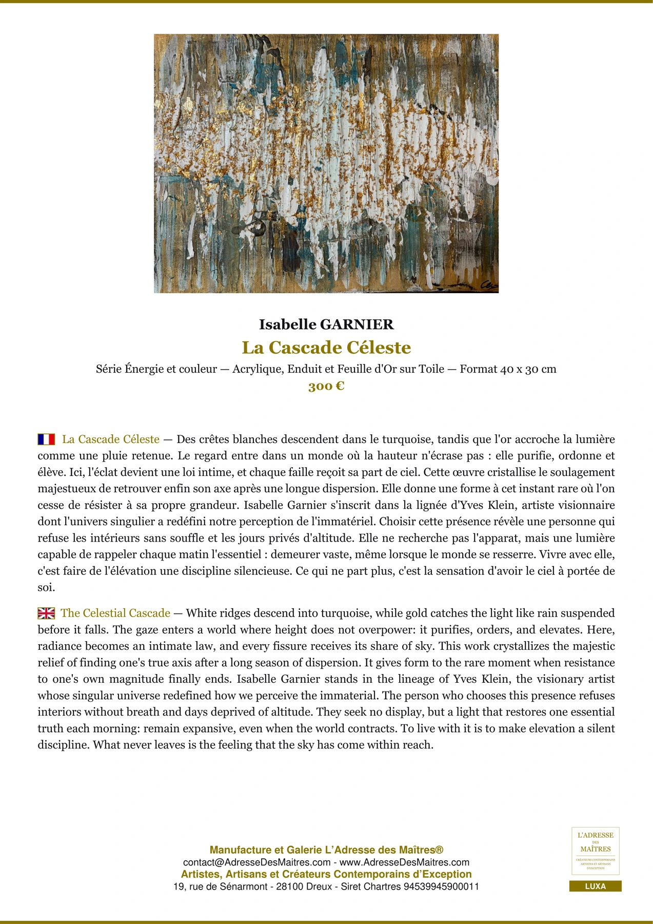 Fiche Premium - La Cascade Céleste - Isabelle GARNIER - L'Adresse des Maîtres®