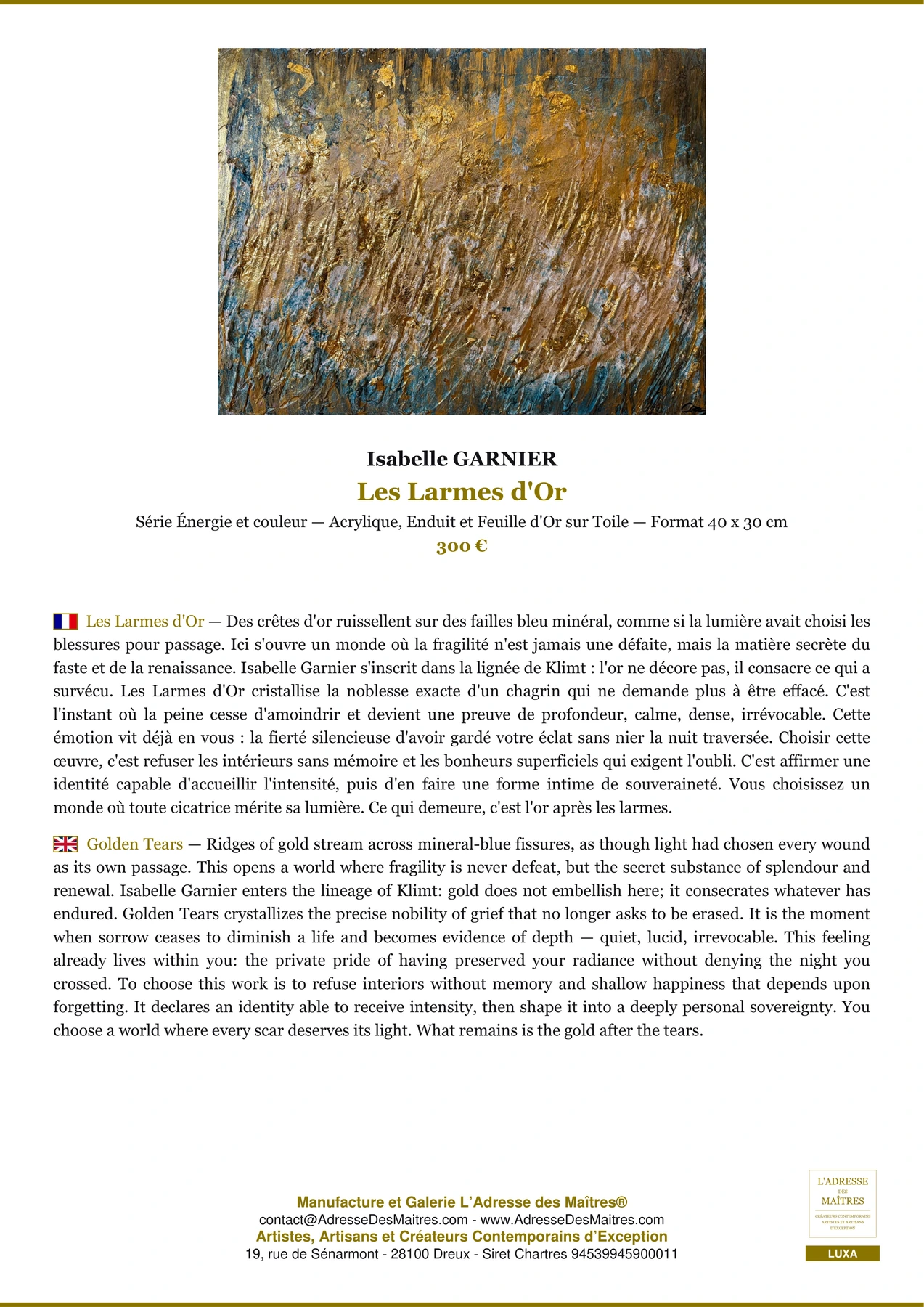 Fiche Premium - Les Larmes d'Or - Isabelle GARNIER - L'Adresse des Maîtres®