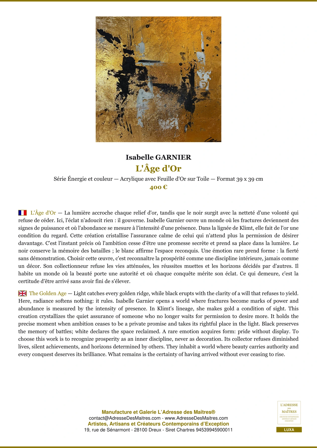 Fiche Premium - L'Âge d'Or - Isabelle GARNIER - L'Adresse des Maîtres®