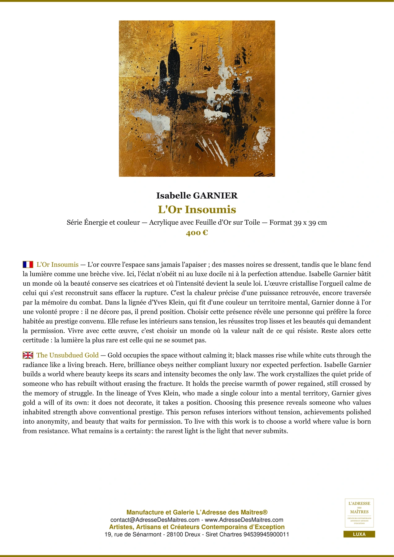Fiche Premium - L'Or Insoumis - Isabelle GARNIER - L'Adresse des Maîtres®