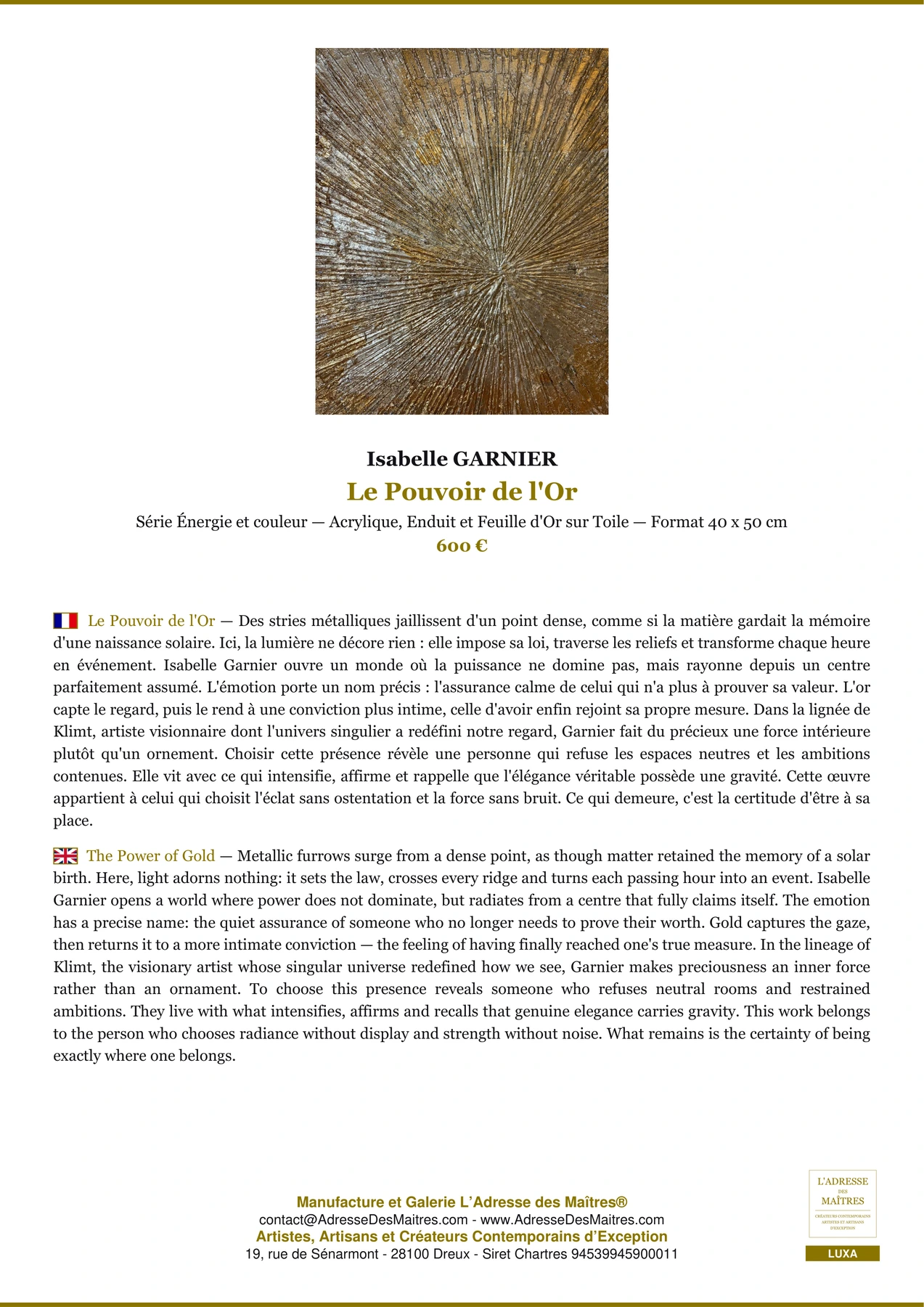 Fiche Premium - Le Pouvoir de l'Or - Isabelle GARNIER - L'Adresse des Maîtres®
