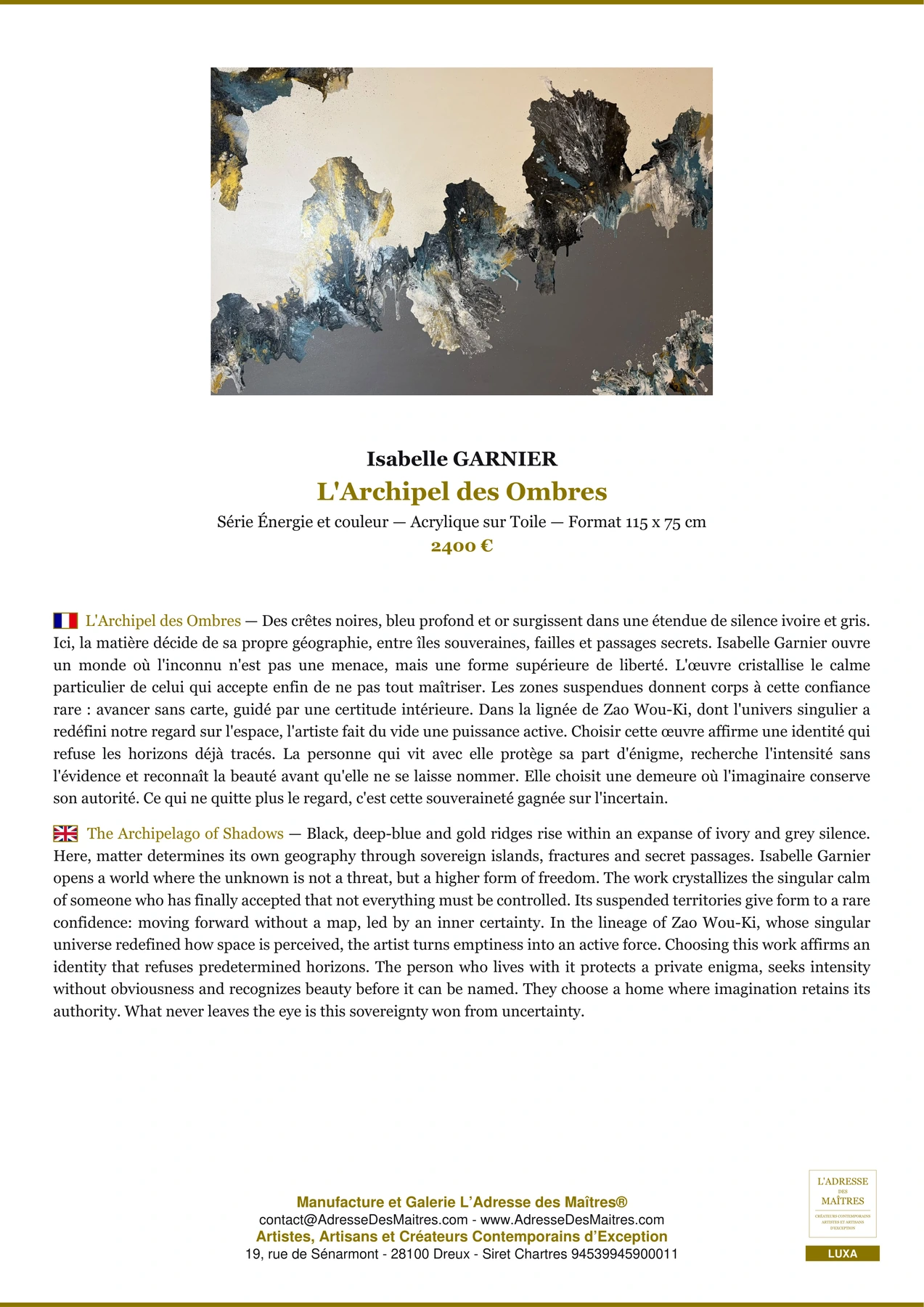 Fiche Premium - L'Archipel des Ombres - Isabelle GARNIER - L'Adresse des Maîtres®