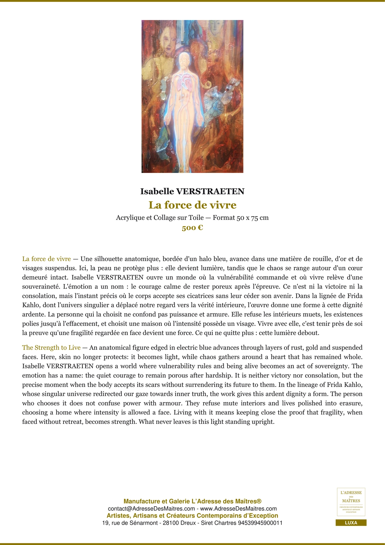 Fiche Premium - La force de vivre - Isabelle VERSTRAETEN - L'Adresse des Maîtres®