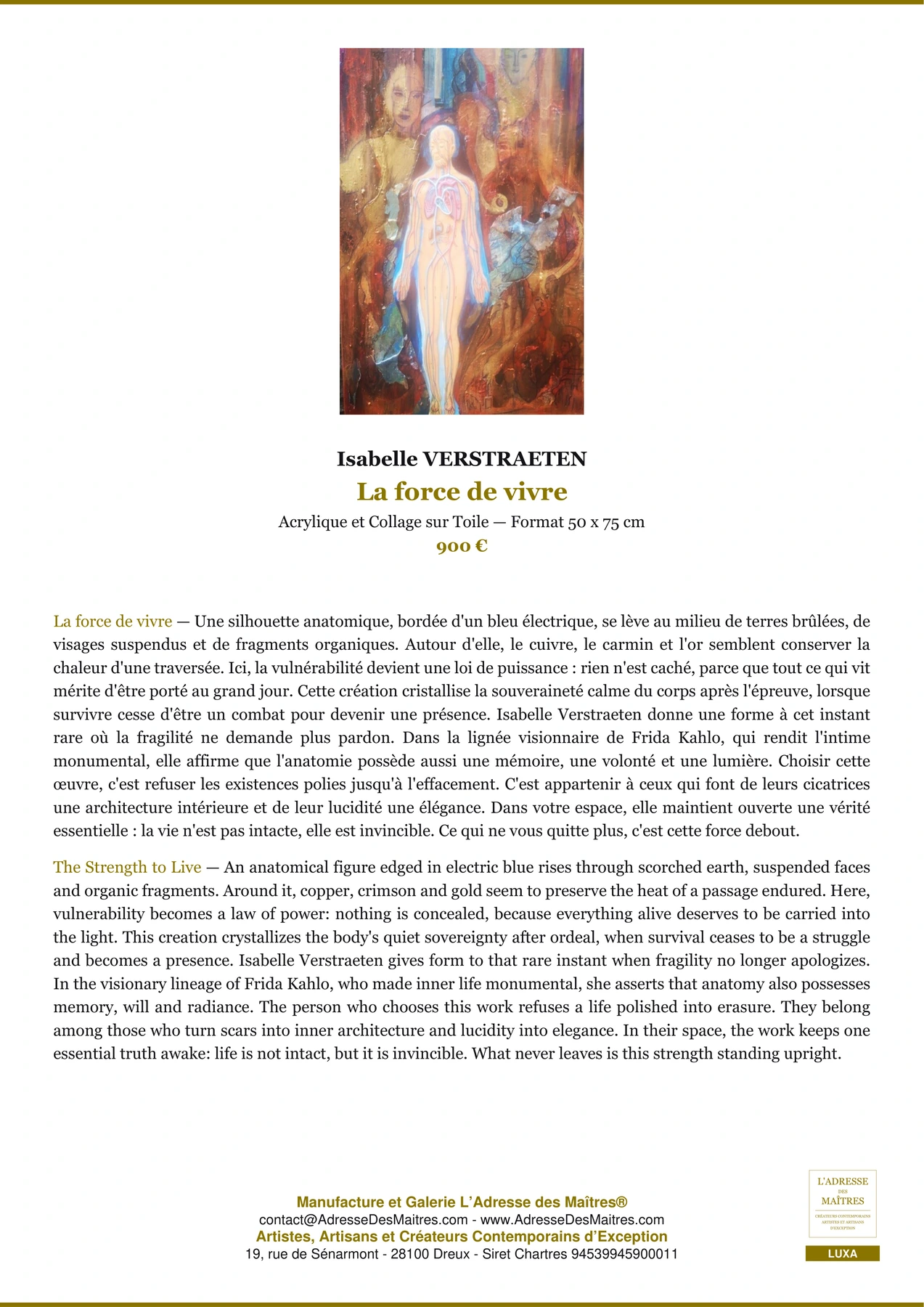 La force de vivre — Fiche Premium, Acrylique et Collage sur Toile 50 x 75 cm, Isabelle VERSTRAETEN