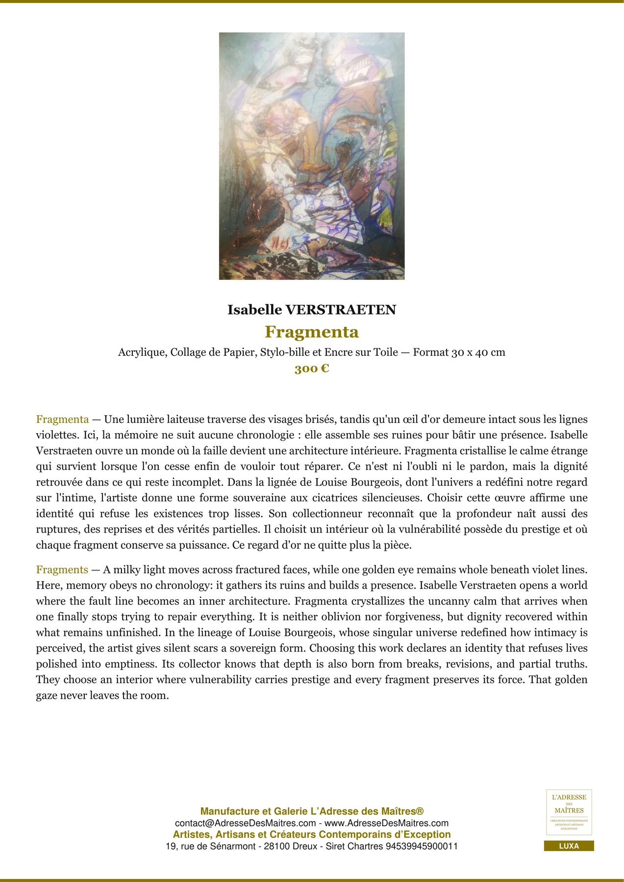 Fiche Premium - Fragmenta - Isabelle VERSTRAETEN - L'Adresse des Maîtres®