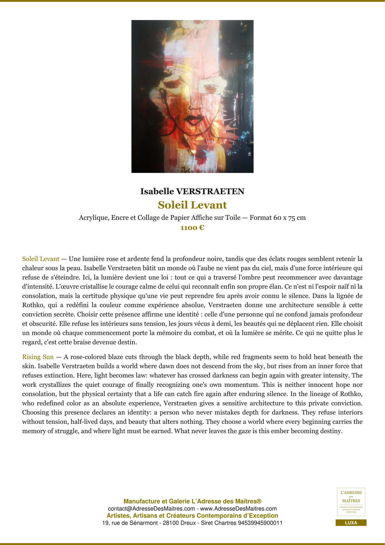Fiche Premium - Soleil Levant - Isabelle VERSTRAETEN - L'Adresse des Maîtres®