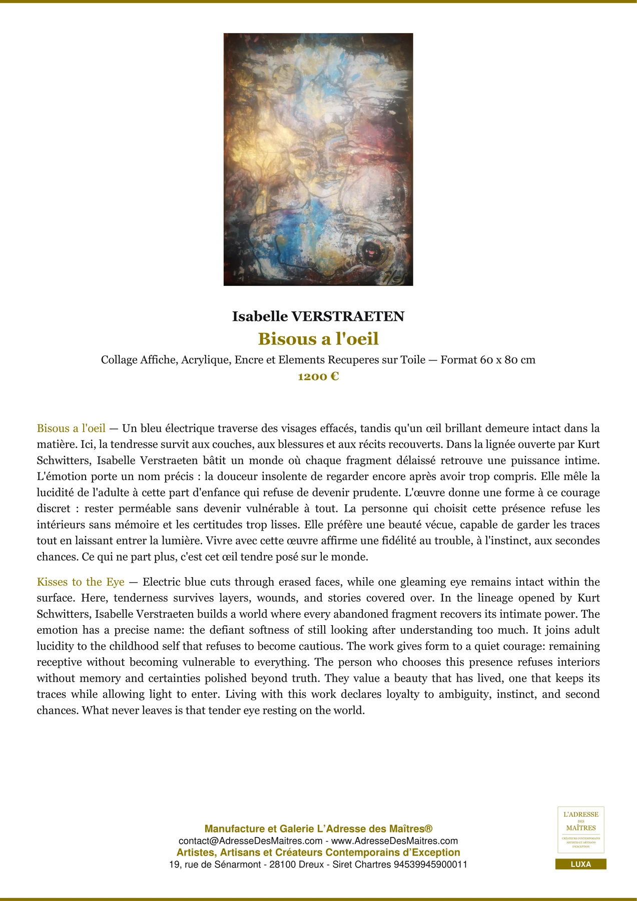Fiche Premium - Bisous a l'oeil - Isabelle VERSTRAETEN - L'Adresse des Maîtres®