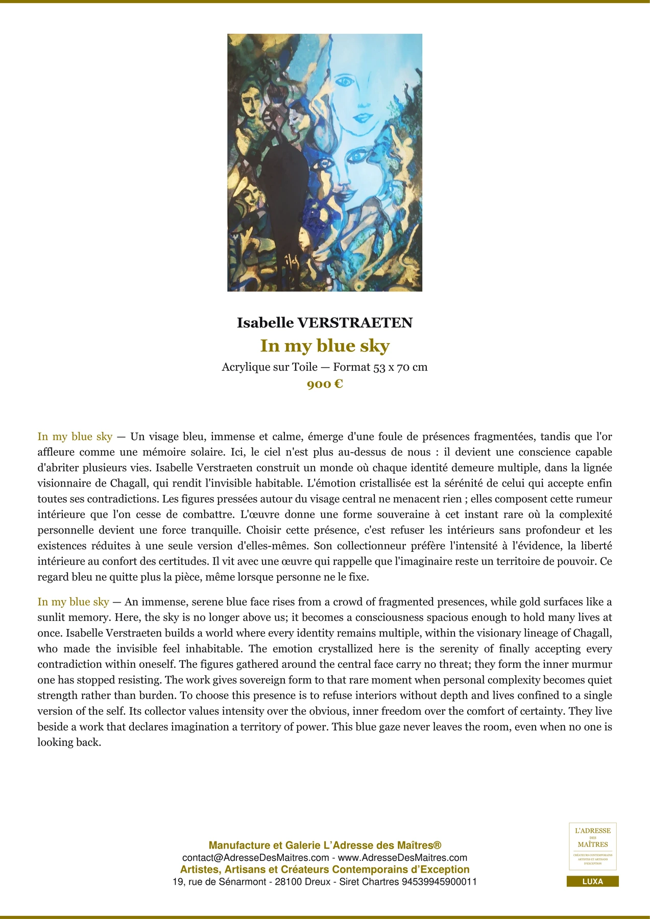 Fiche Premium - In my blue sky - Isabelle VERSTRAETEN - L'Adresse des Maîtres®