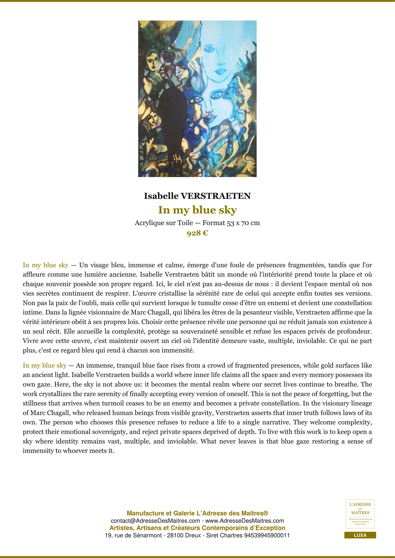 Fiche Premium - In my blue sky - Isabelle VERSTRAETEN - L'Adresse des Maîtres®