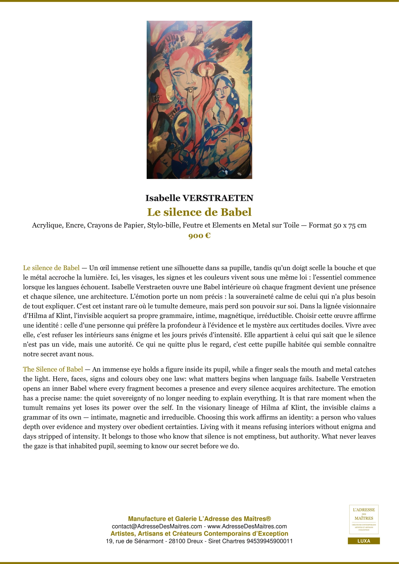 Fiche Premium - Le silence de Babel - Isabelle VERSTRAETEN - L'Adresse des Maîtres®