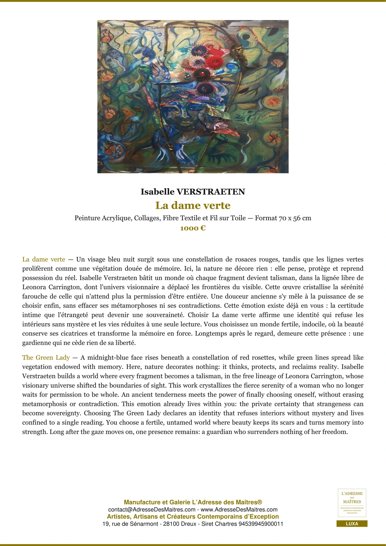 Fiche Premium - La dame verte - Isabelle VERSTRAETEN - L'Adresse des Maîtres®
