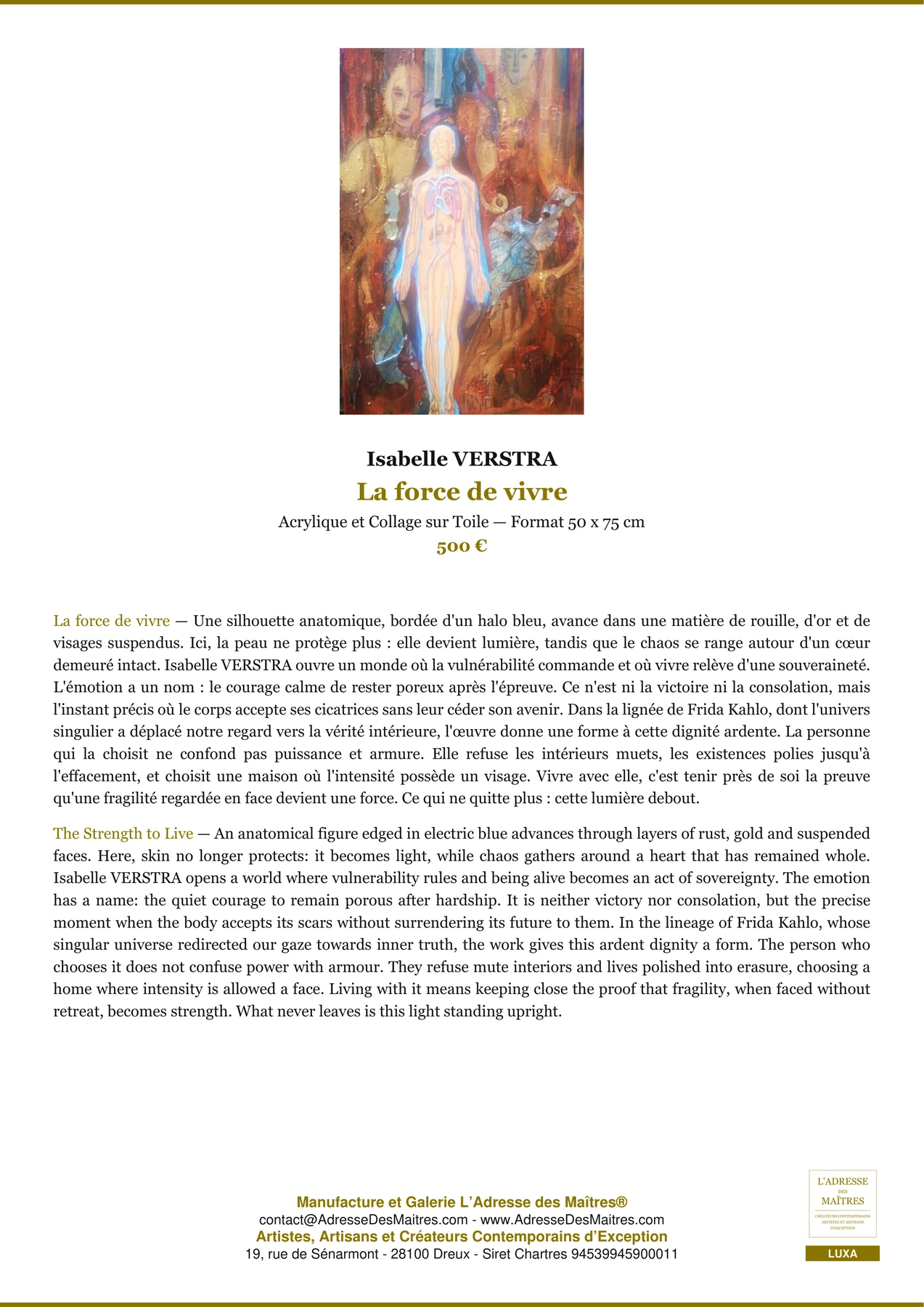 Fiche Premium - La force de vivre - Isabelle VERSTRA - L'Adresse des Maîtres®