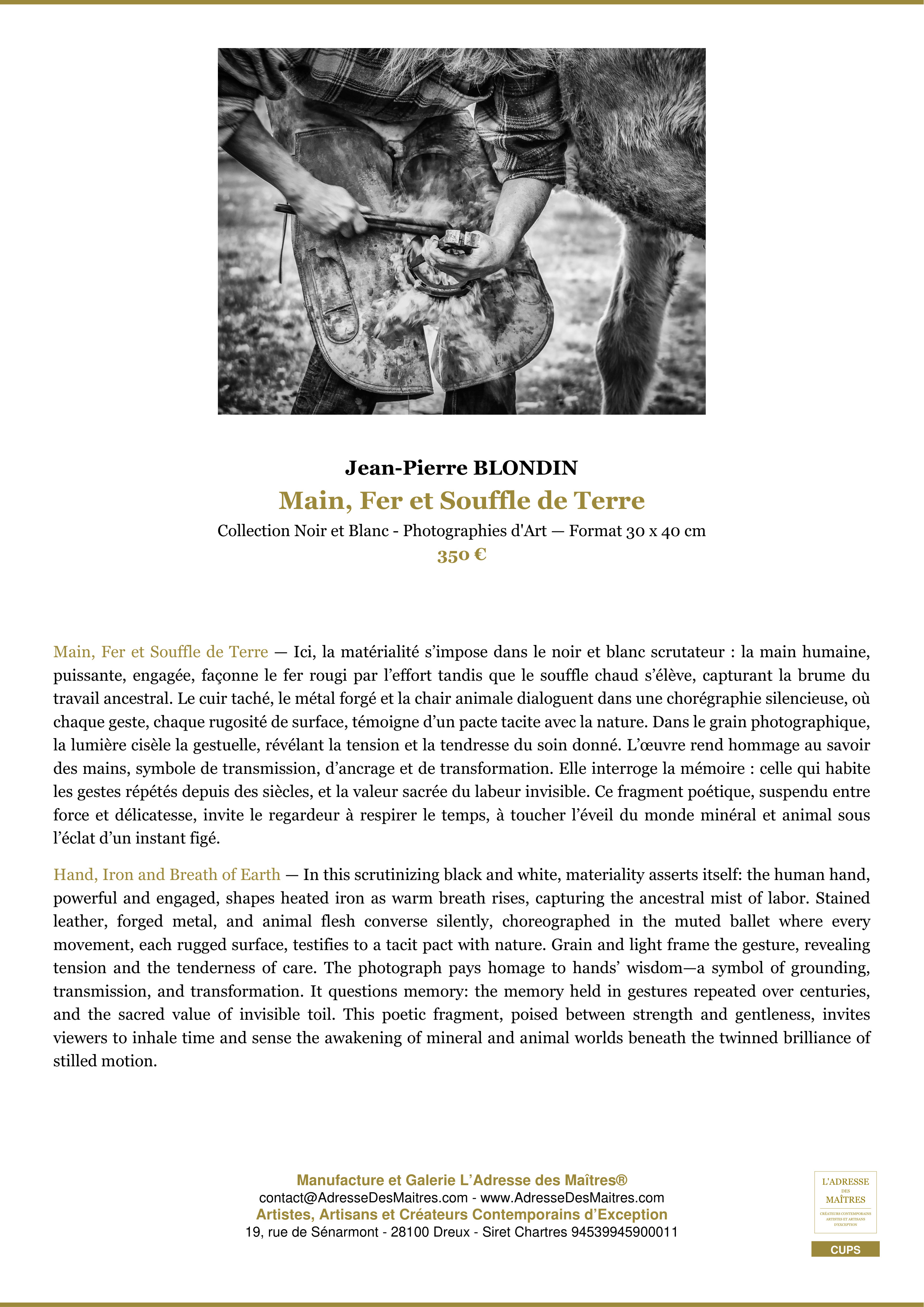 Fiche Premium — Main, Fer et Souffle de Terre — Jean-Pierre BLONDIN — L'Adresse des Maîtres®