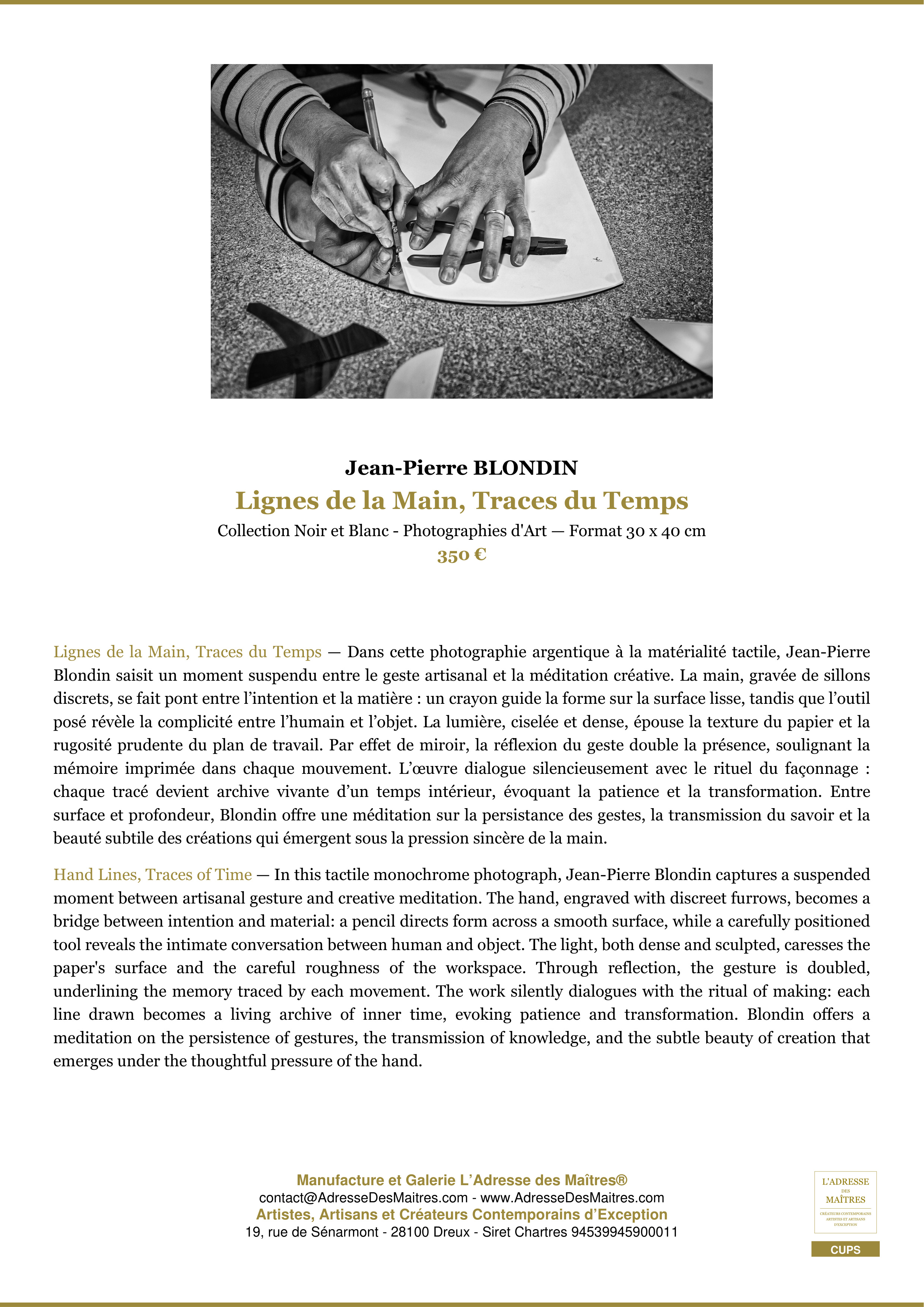 Fiche Premium — Lignes de la Main, Traces du Temps — Jean-Pierre BLONDIN — L'Adresse des Maîtres®