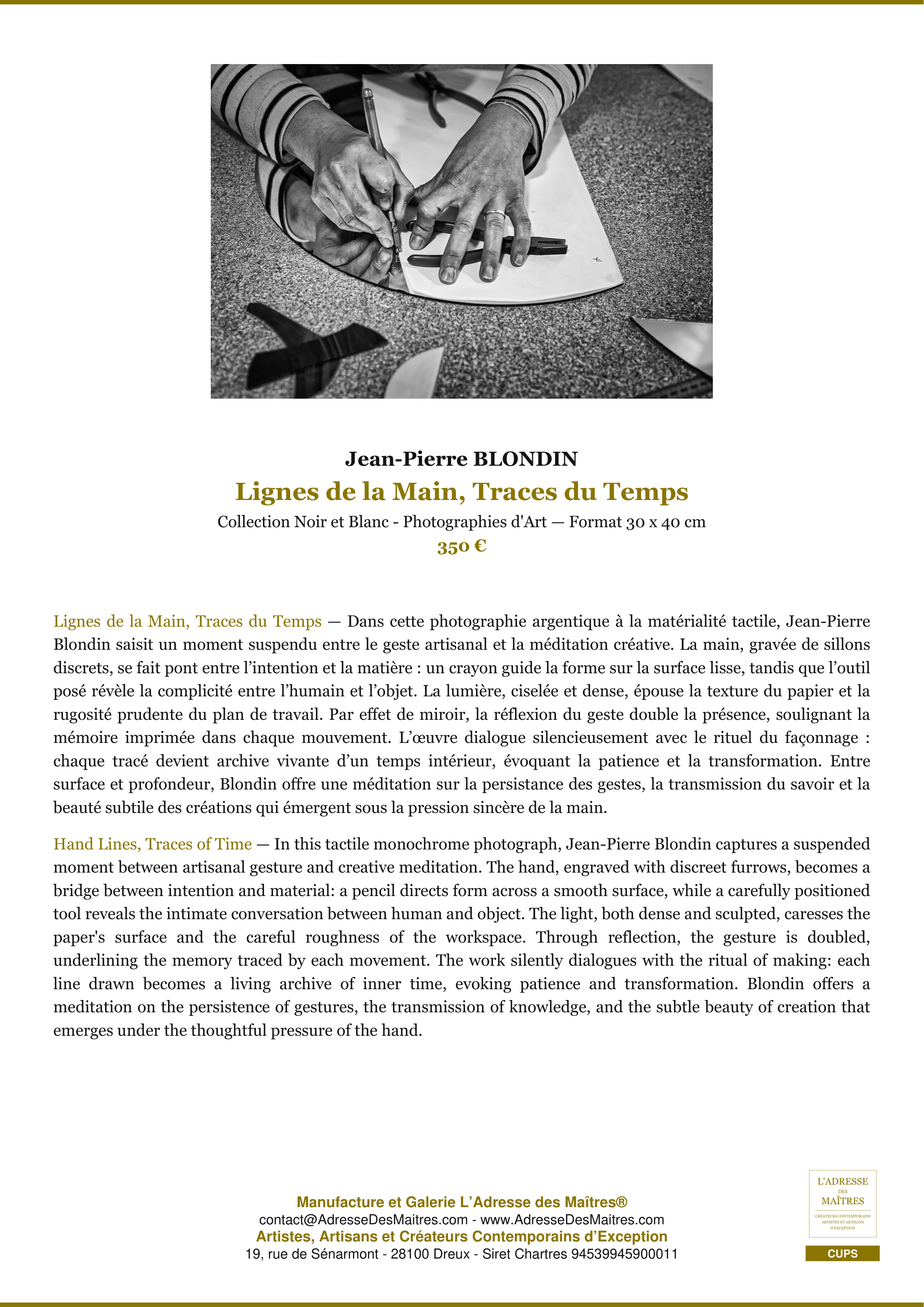Fiche Premium — Lignes de la Main, Traces du Temps — Jean-Pierre BLONDIN — L'Adresse des Maîtres®