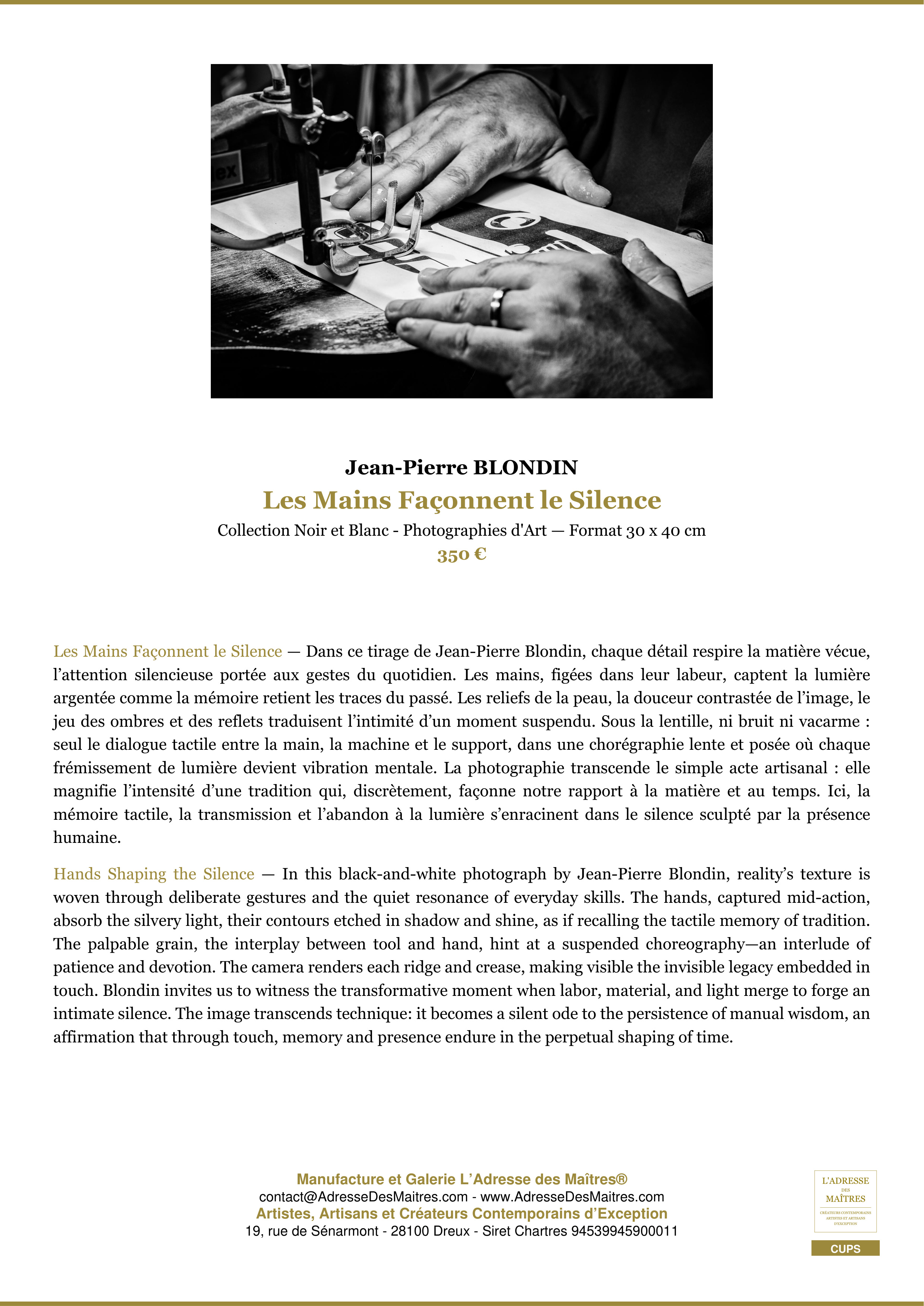 Fiche Premium — Les Mains Façonnent le Silence — Jean-Pierre BLONDIN — L'Adresse des Maîtres®