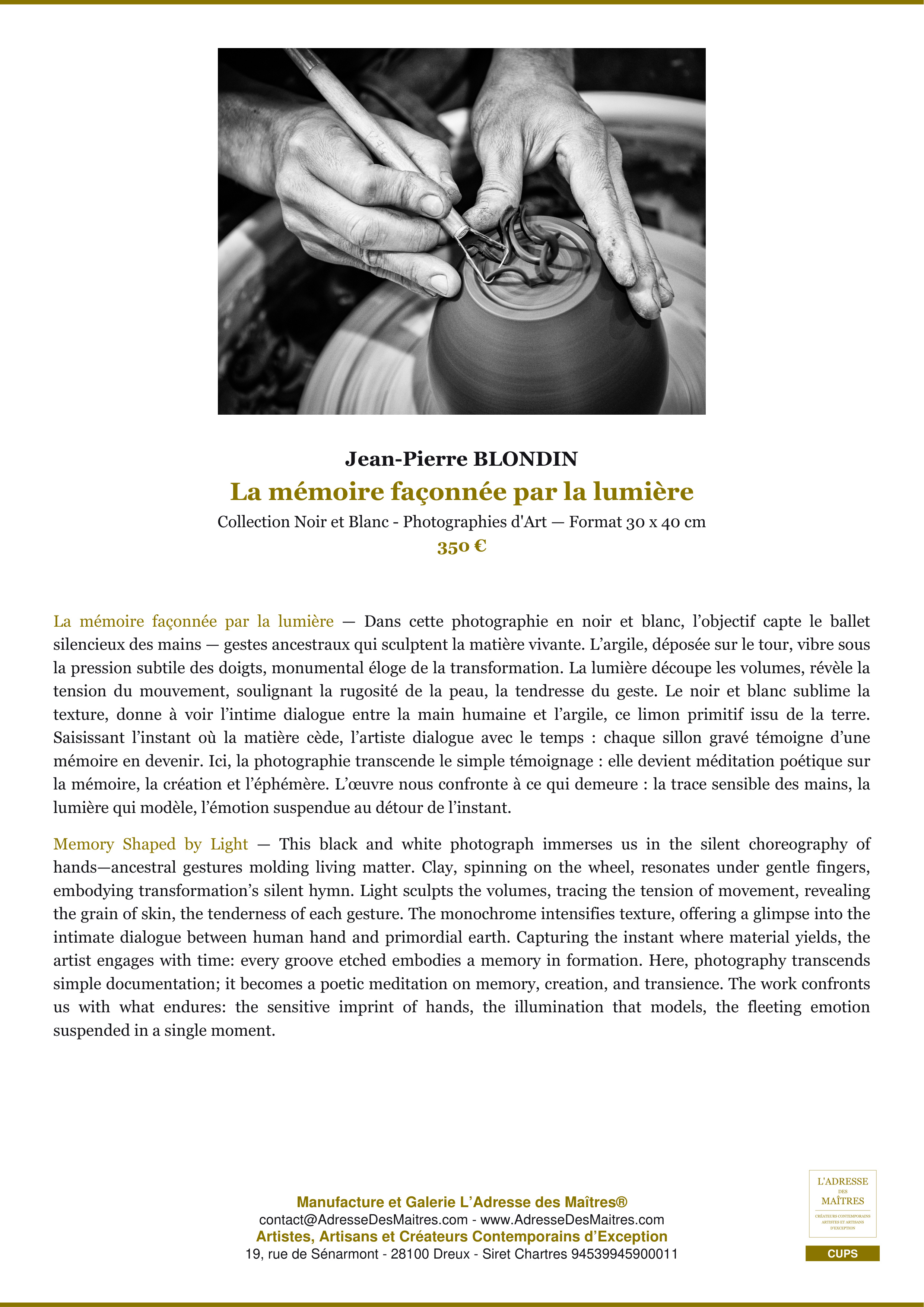 Fiche Premium — La mémoire façonnée par la lumière — Jean-Pierre BLONDIN — L'Adresse des Maîtres®