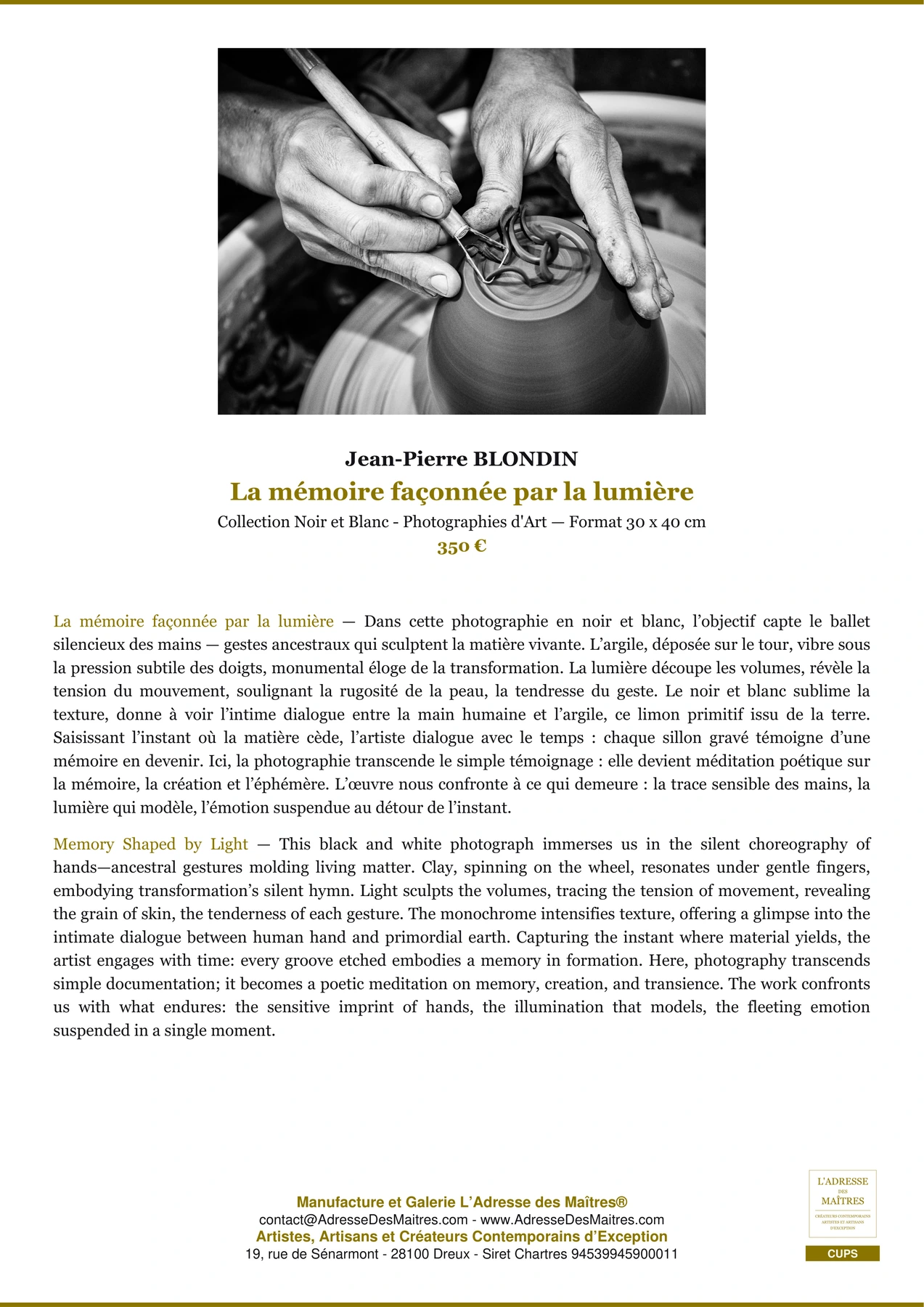 Fiche Premium - La mémoire façonnée par la lumière - Jean-Pierre BLONDIN - L'Adresse des Maîtres®