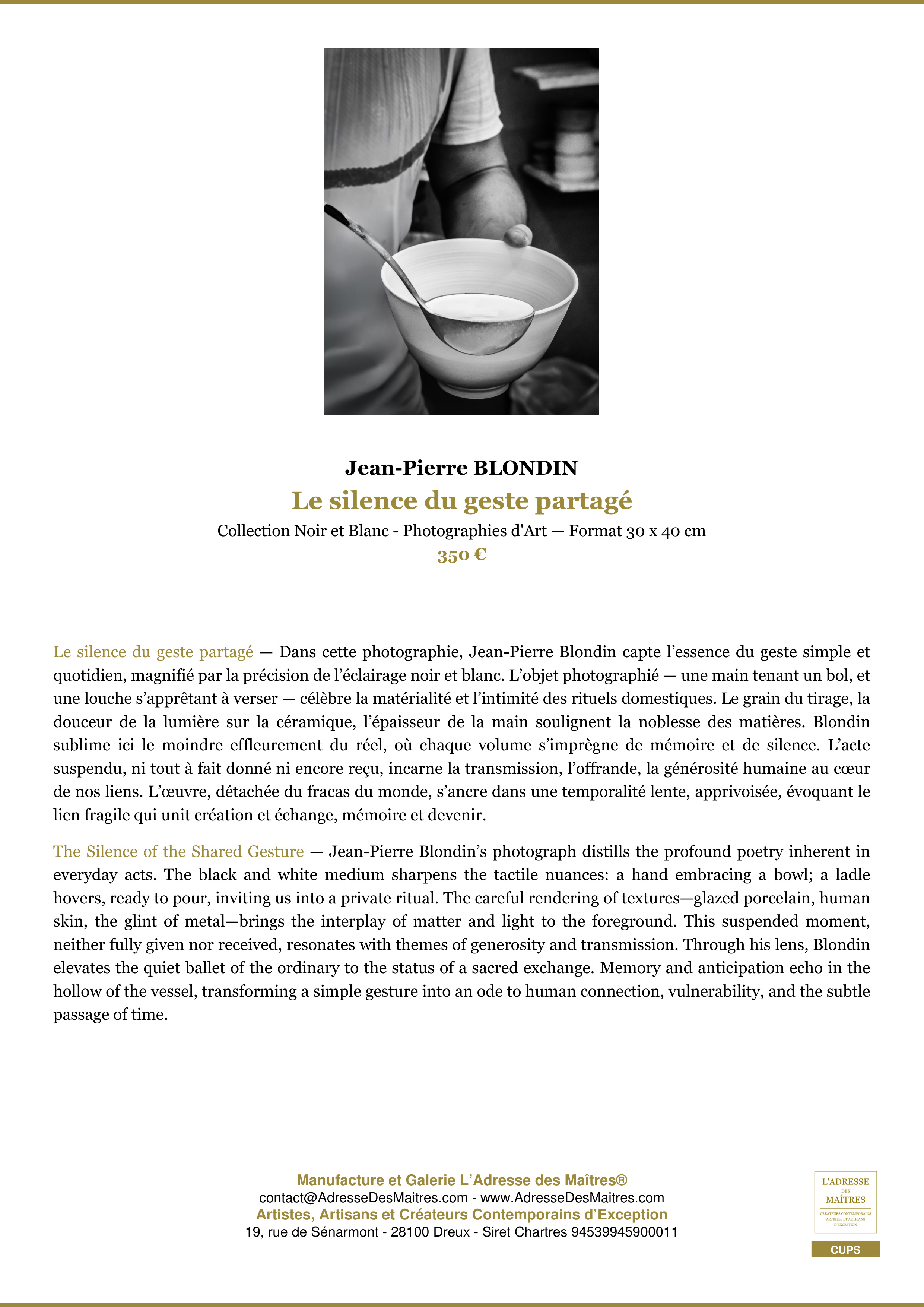 Fiche Premium — Le silence du geste partagé — Jean-Pierre BLONDIN — L'Adresse des Maîtres®