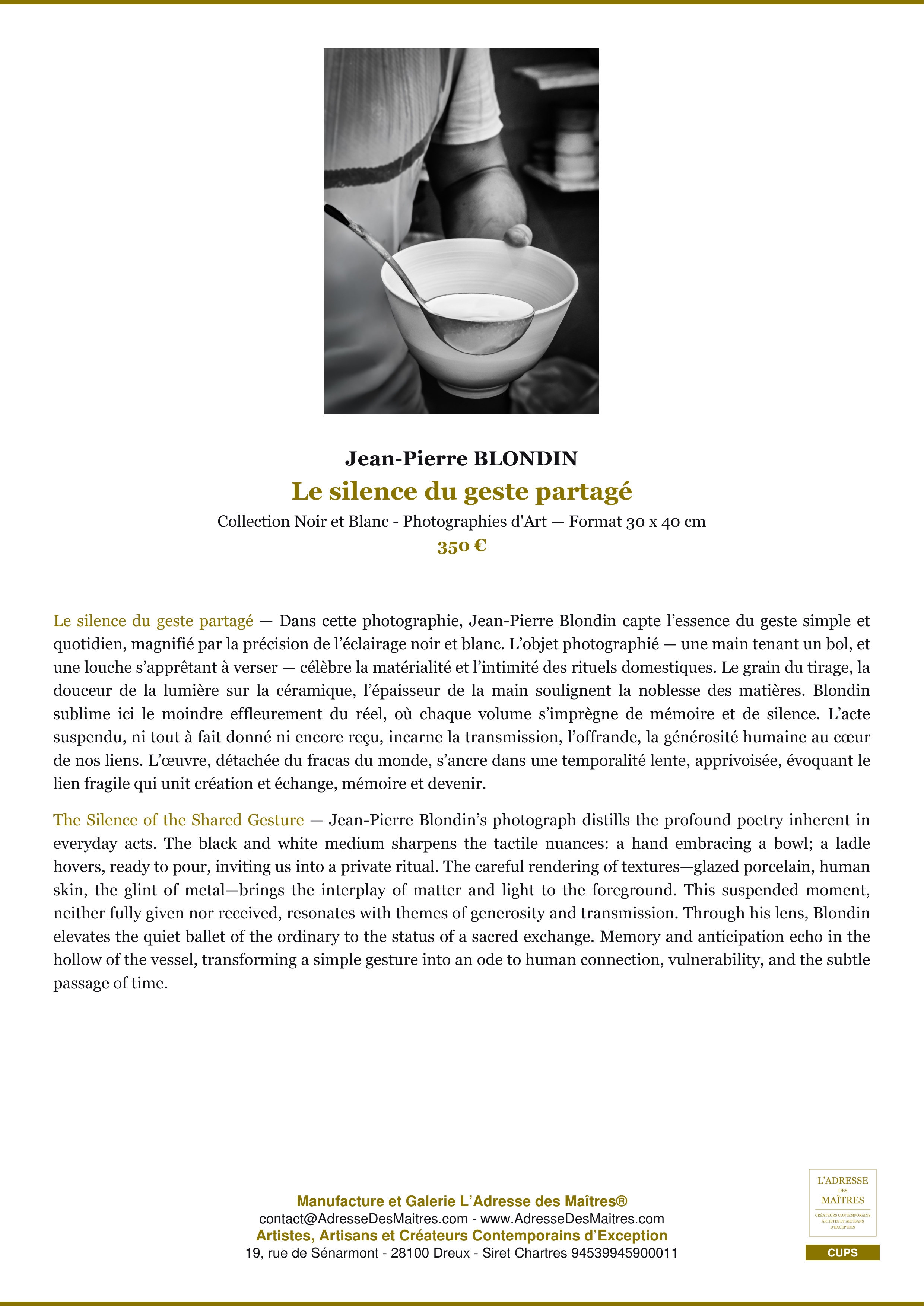 Fiche Premium — Le silence du geste partagé — Jean-Pierre BLONDIN — L'Adresse des Maîtres®