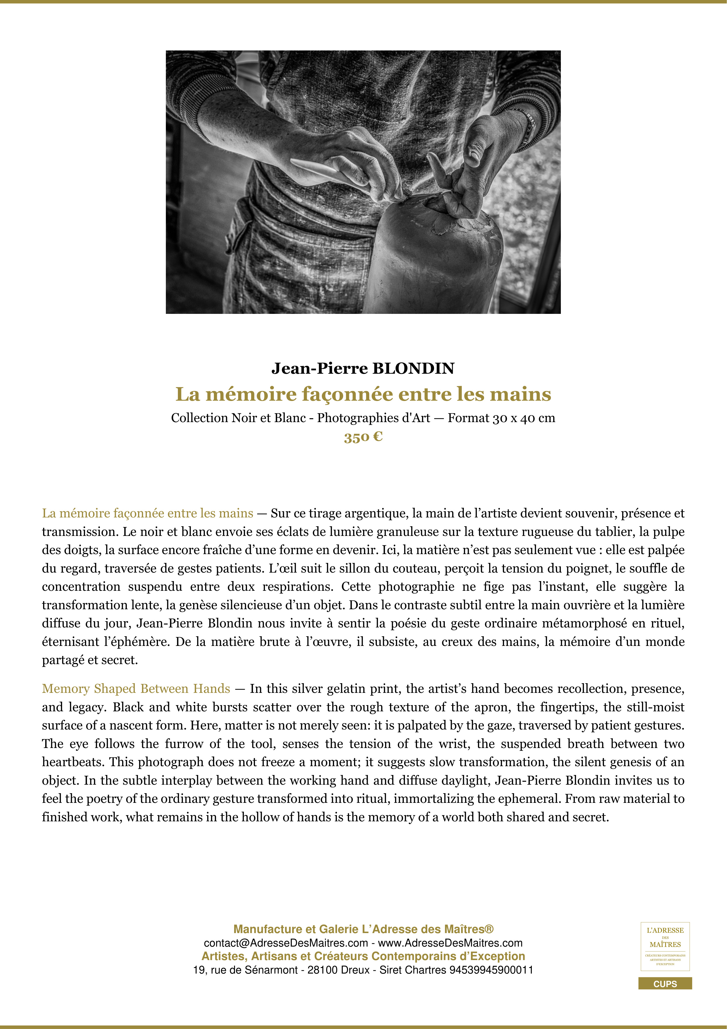 Fiche Premium — La mémoire façonnée entre les mains — Jean-Pierre BLONDIN — L'Adresse des Maîtres®