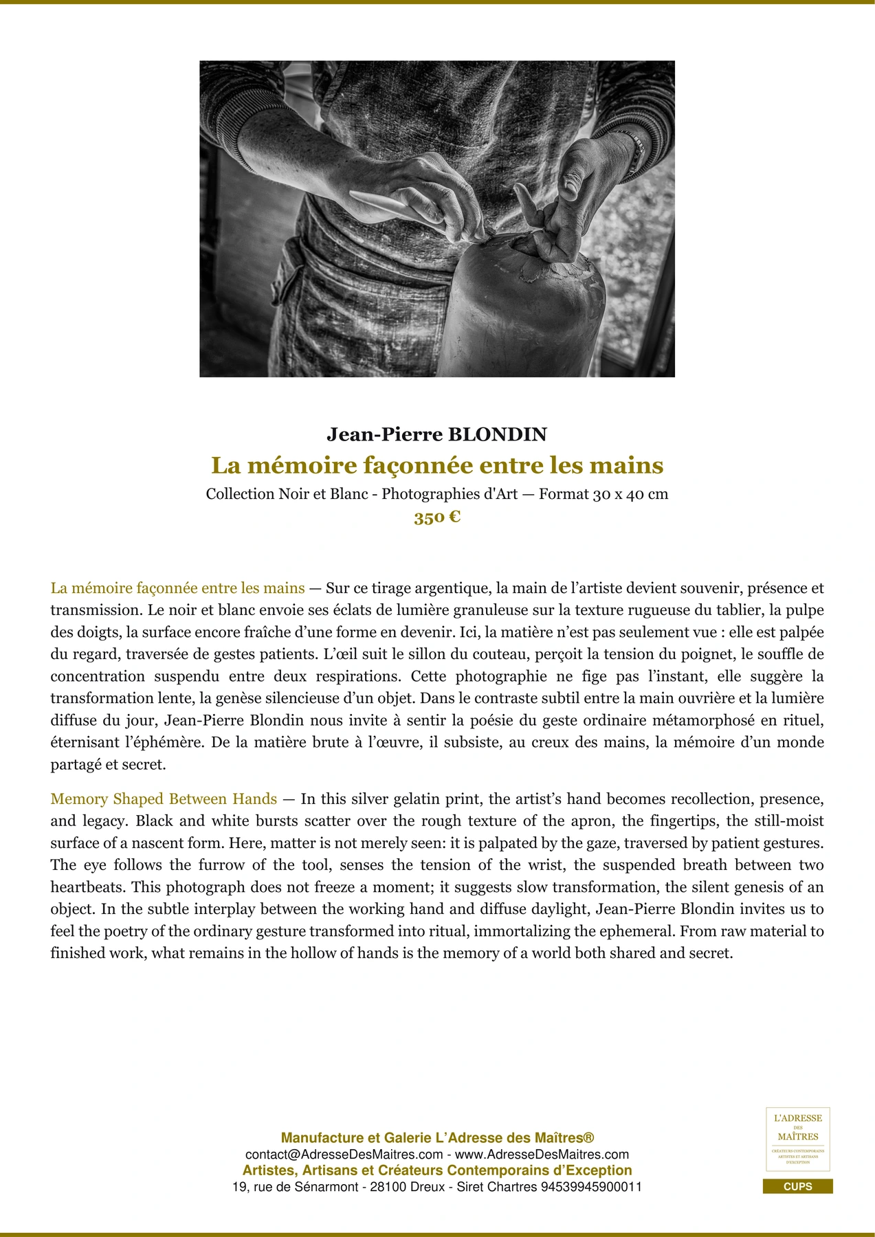 Fiche Premium - La mémoire façonnée entre les mains - Jean-Pierre BLONDIN - L'Adresse des Maîtres®