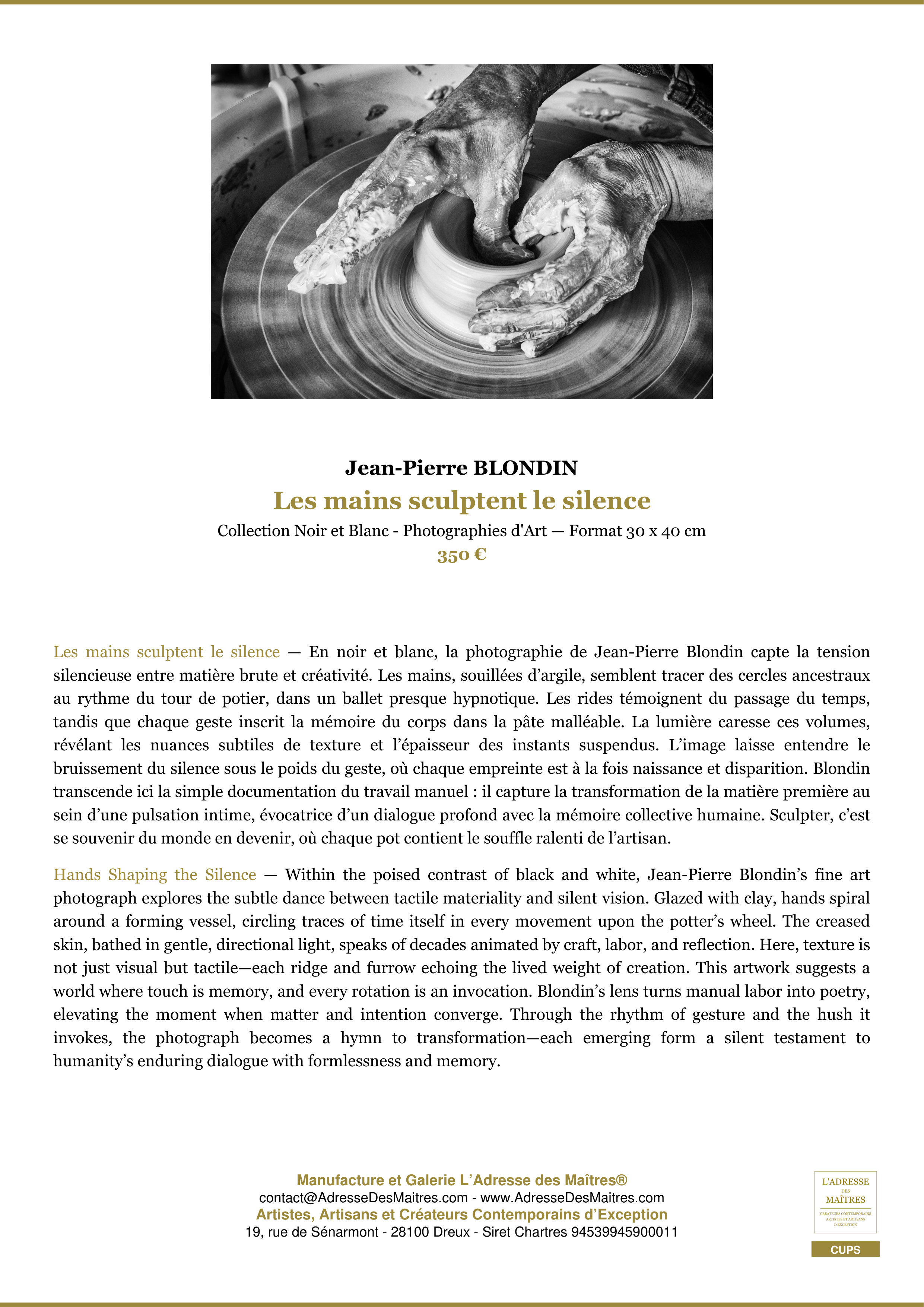 Fiche Premium — Les mains sculptent le silence — Jean-Pierre BLONDIN — L'Adresse des Maîtres®