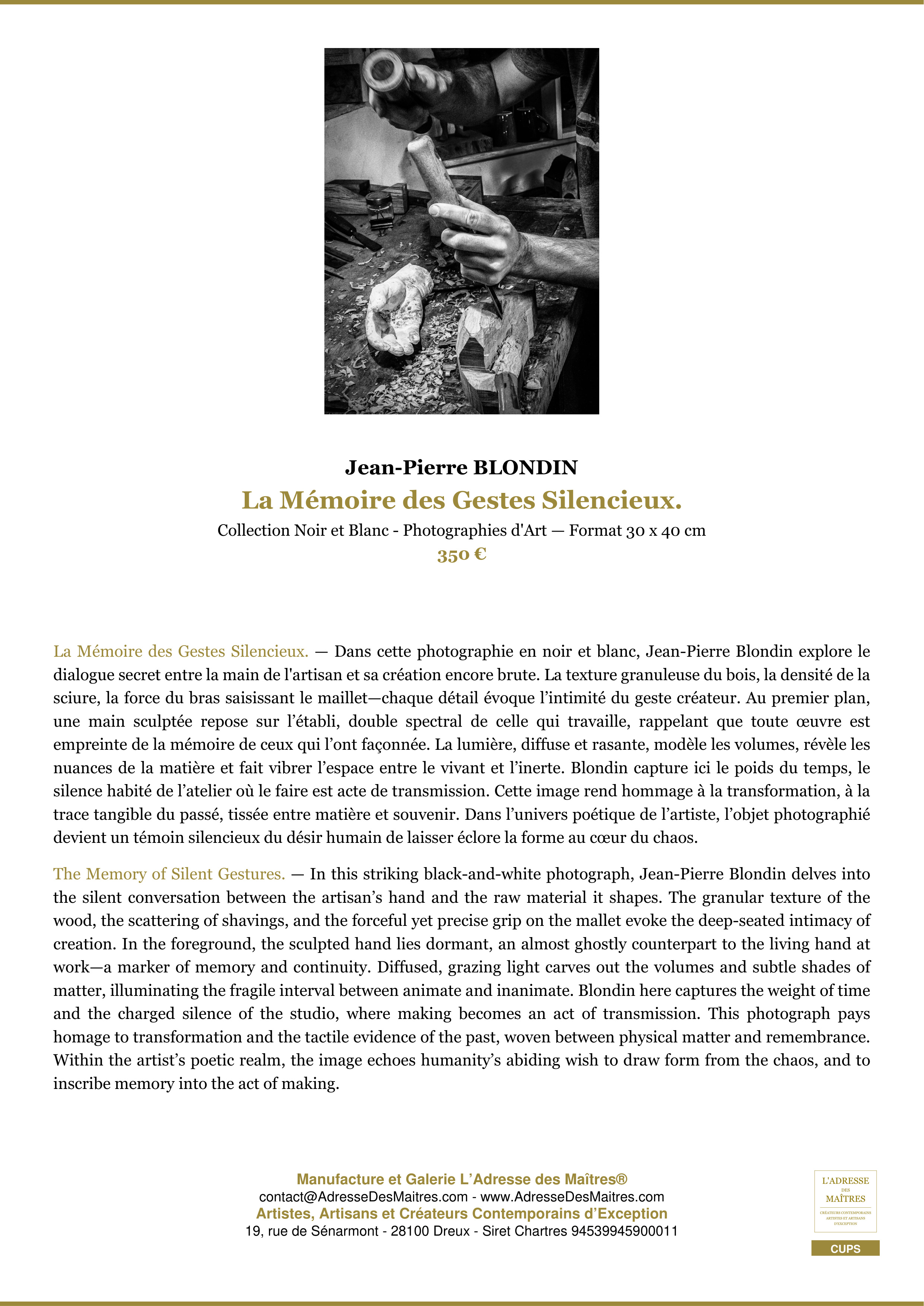 Fiche Premium — La Mémoire des Gestes Silencieux. — Jean-Pierre BLONDIN — L'Adresse des Maîtres®