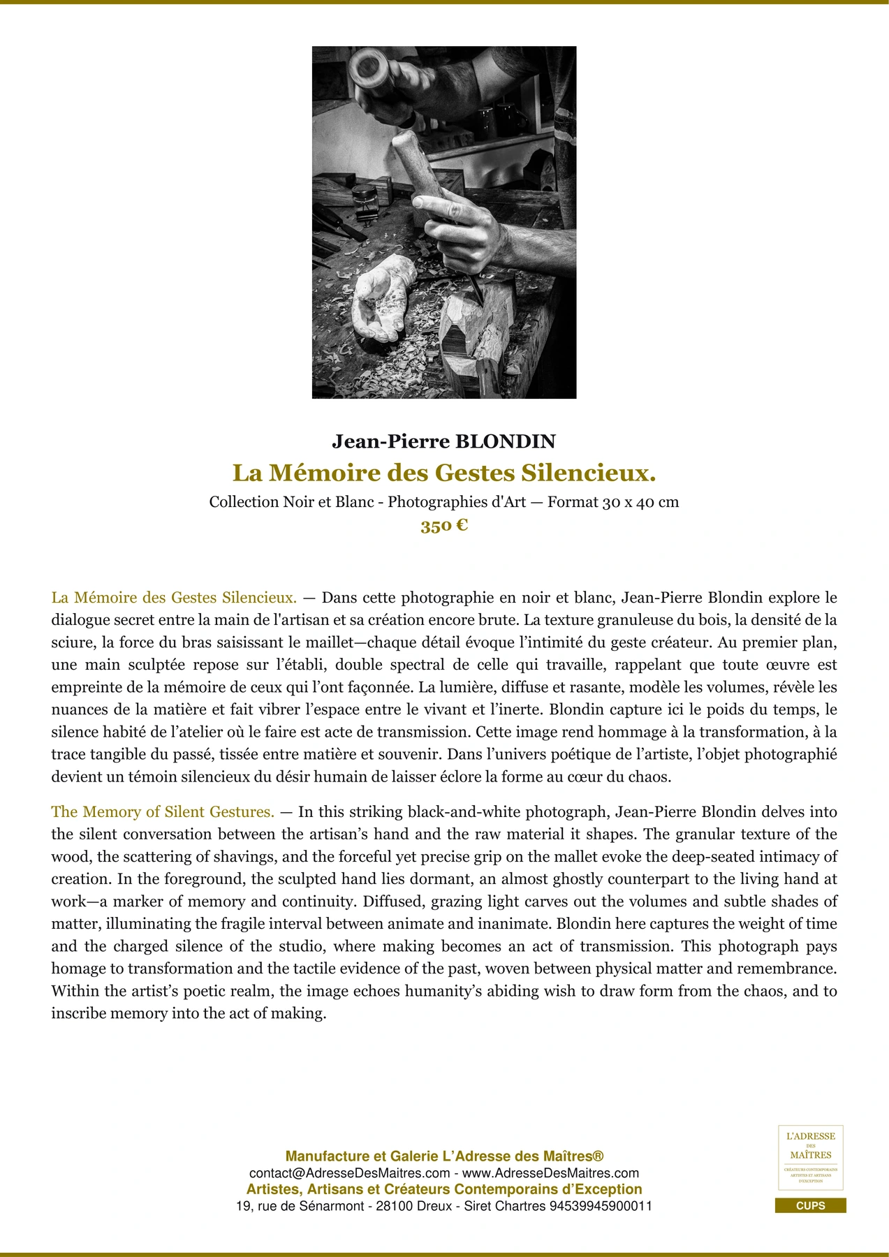 Fiche Premium - La Mémoire des Gestes Silencieux. - Jean-Pierre BLONDIN - L'Adresse des Maîtres®