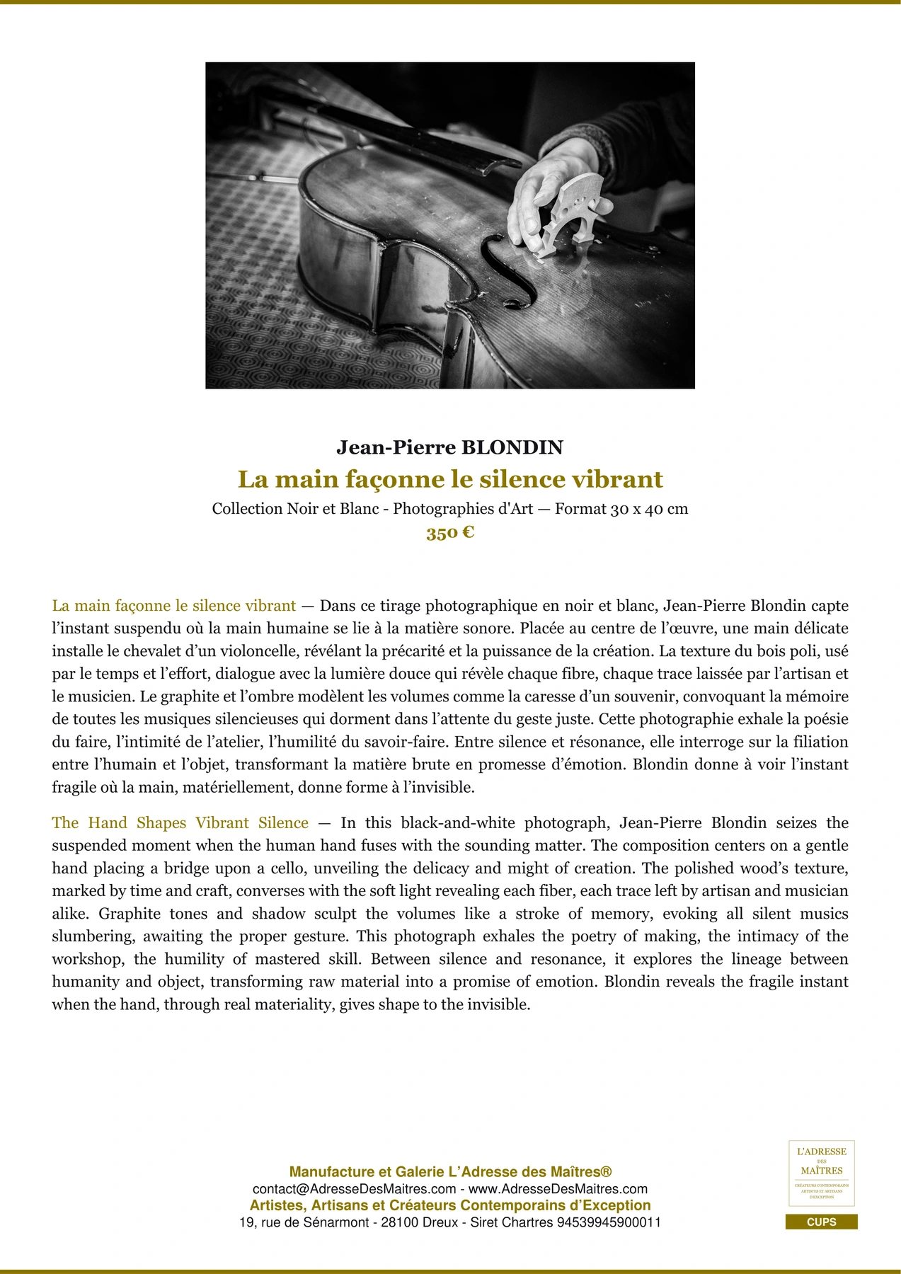 Fiche Premium - La main façonne le silence vibrant - Jean-Pierre BLONDIN - L'Adresse des Maîtres®