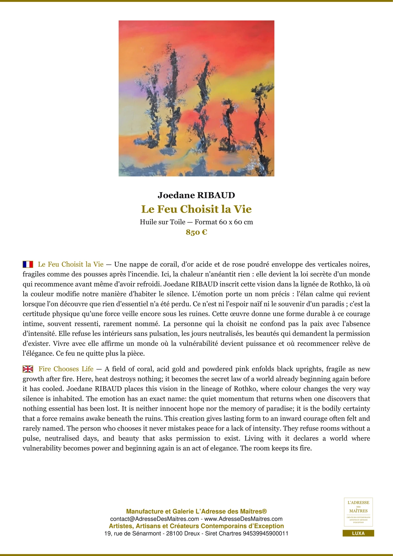 Le Feu Choisit la Vie — Fiche Premium, Huile sur Toile 60 x 60 cm, Joedane RIBAUD