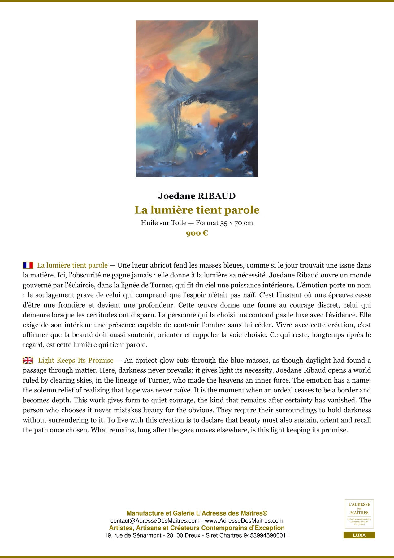Fiche Premium - La lumière tient parole - Joedane RIBAUD - L'Adresse des Maîtres®