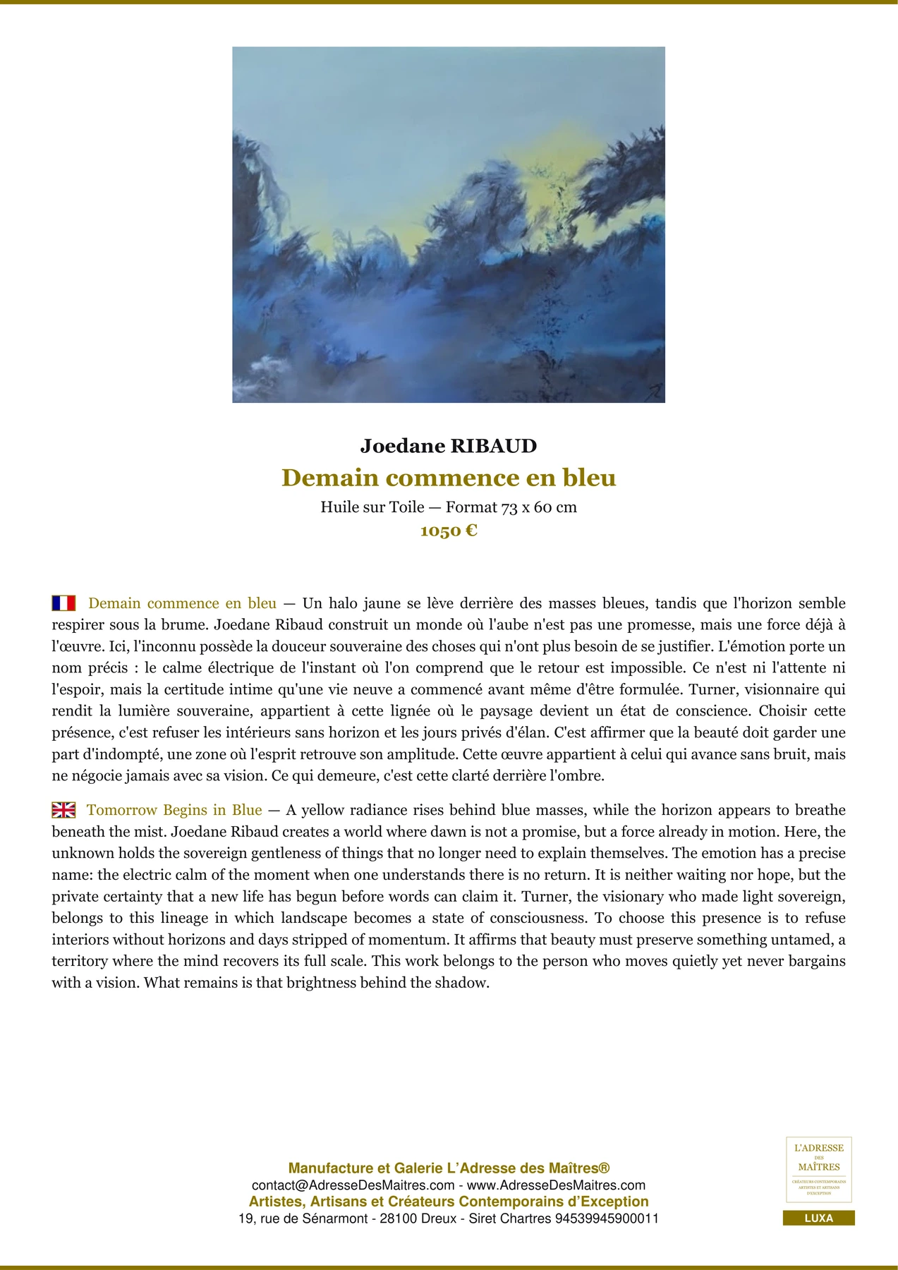 Fiche Premium - Demain commence en bleu - Joedane RIBAUD - L'Adresse des Maîtres®