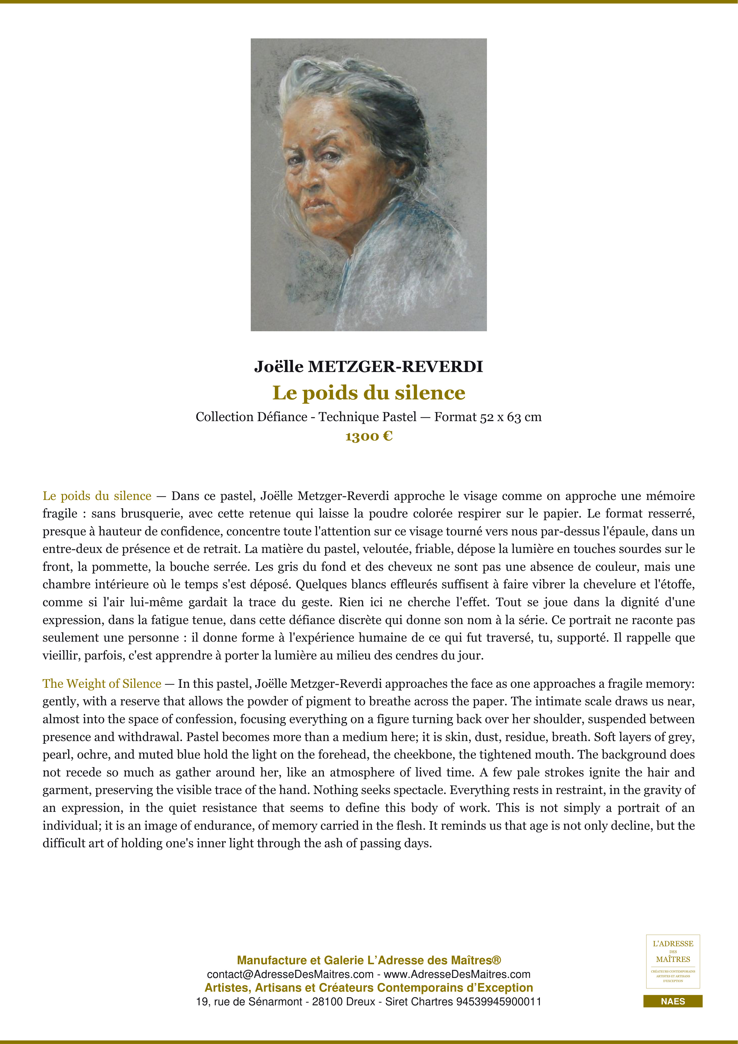 Fiche Premium — Le poids du silence — Joëlle METZGER-REVERDI — L'Adresse des Maîtres®