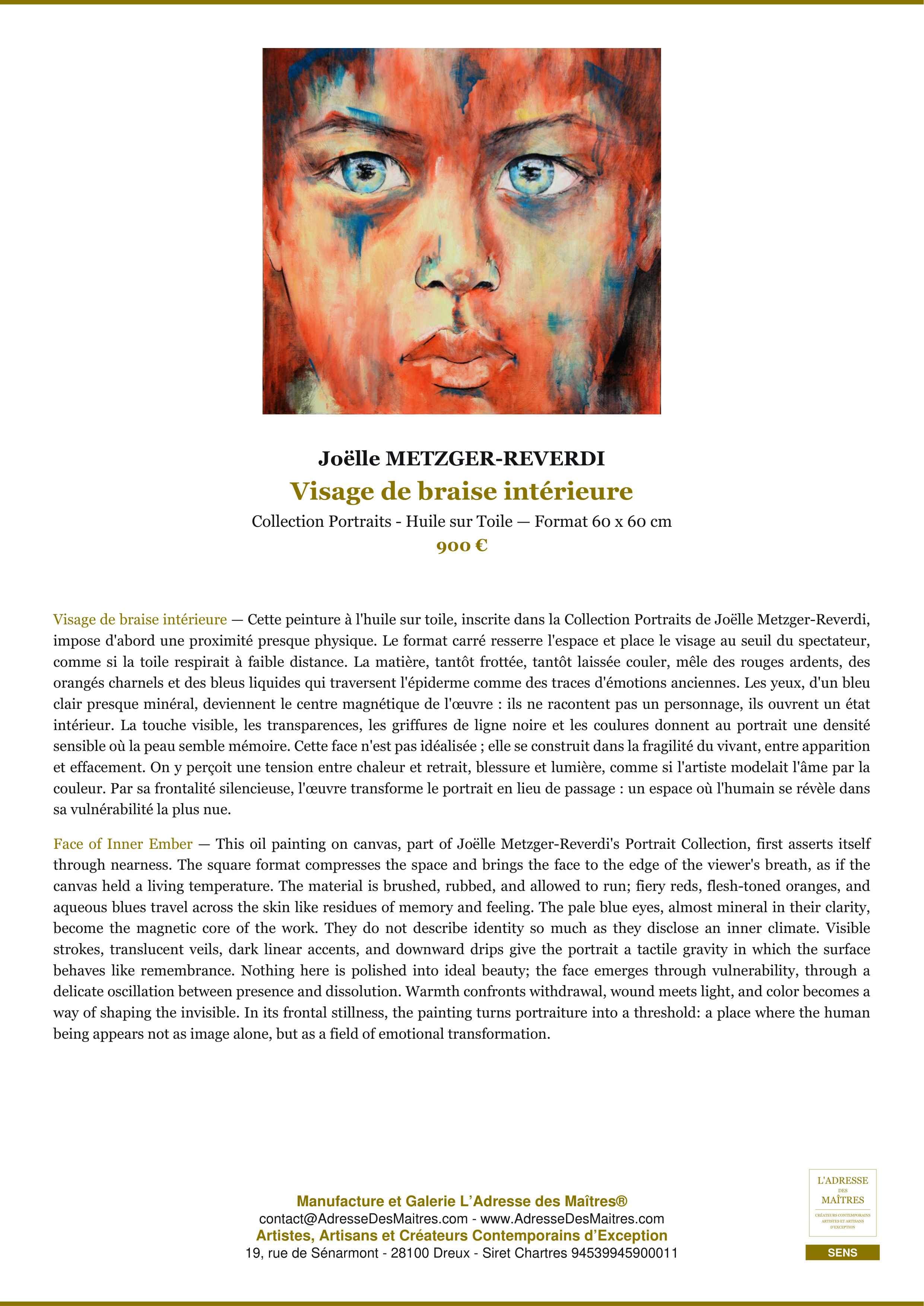 Fiche Premium — Visage de braise intérieure — Joëlle METZGER-REVERDI — L'Adresse des Maîtres®