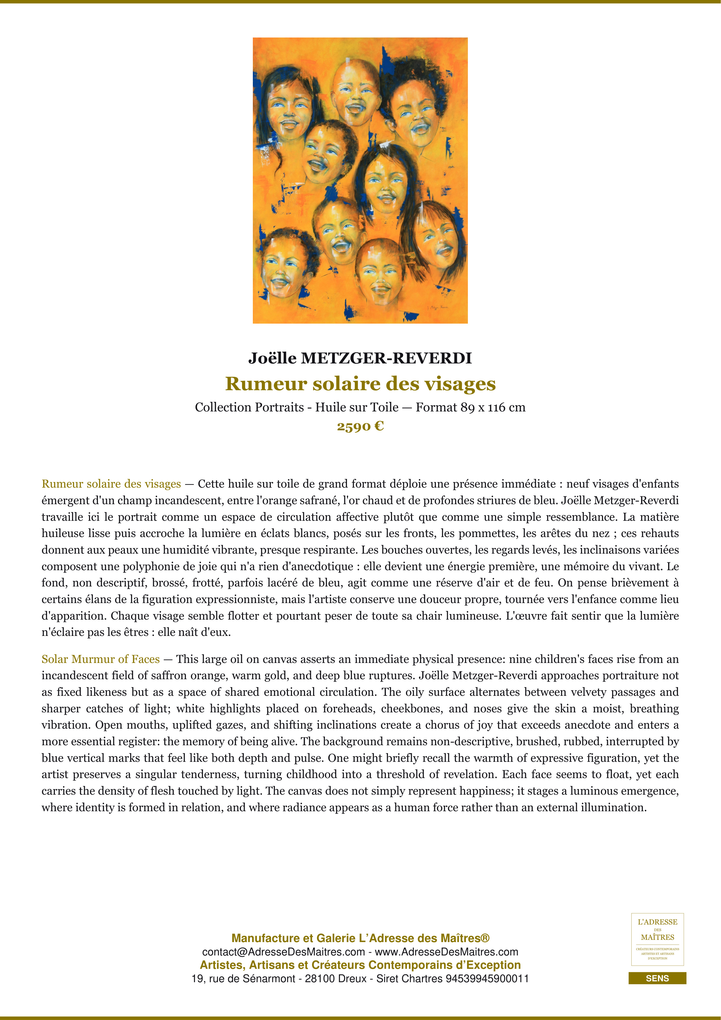 Fiche Premium — Rumeur solaire des visages — Joëlle METZGER-REVERDI — L'Adresse des Maîtres®