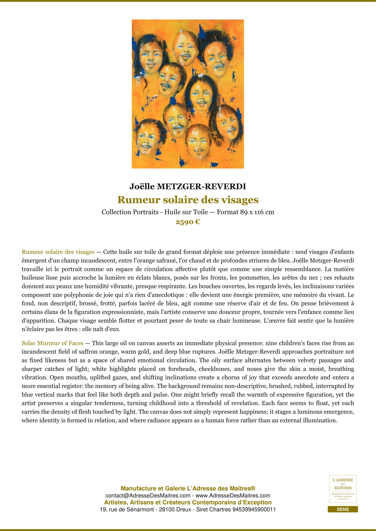 Fiche Premium — Rumeur solaire des visages — Joëlle METZGER-REVERDI — L'Adresse des Maîtres®