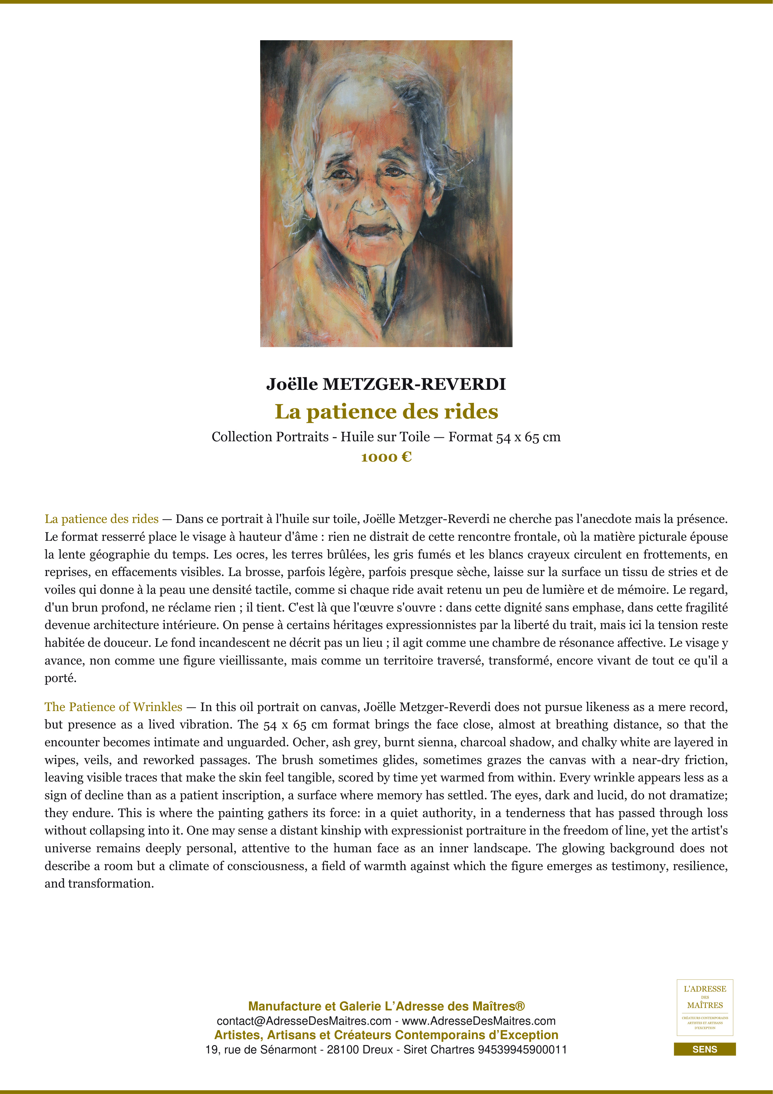 Fiche Premium — La patience des rides — Joëlle METZGER-REVERDI — L'Adresse des Maîtres®