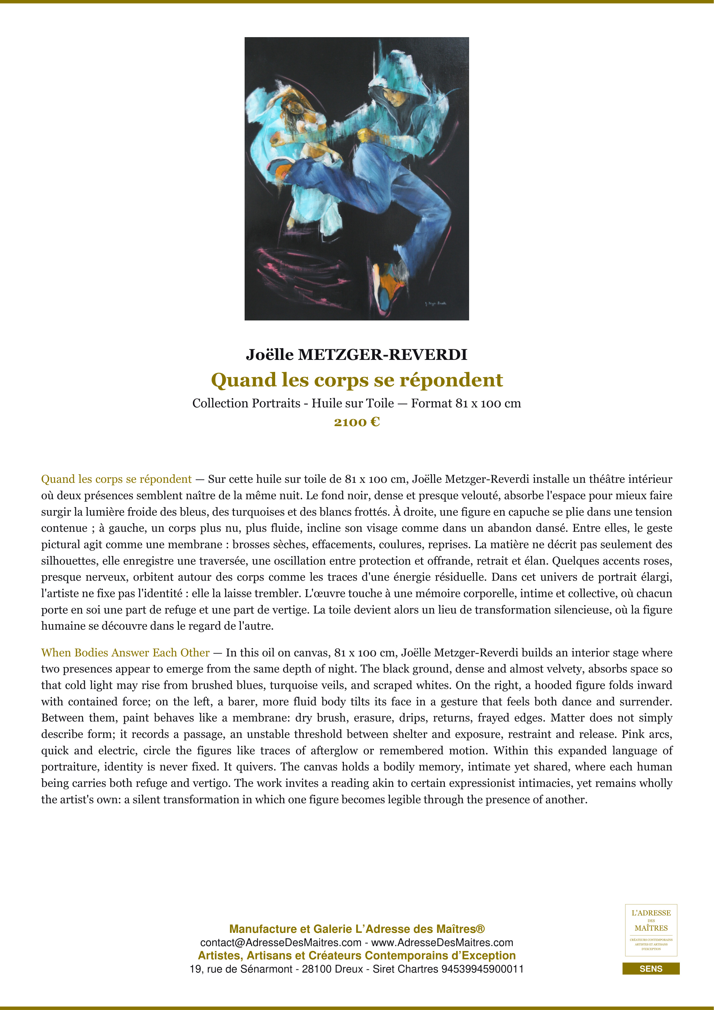 Fiche Premium — Quand les corps se répondent — Joëlle METZGER-REVERDI — L'Adresse des Maîtres®