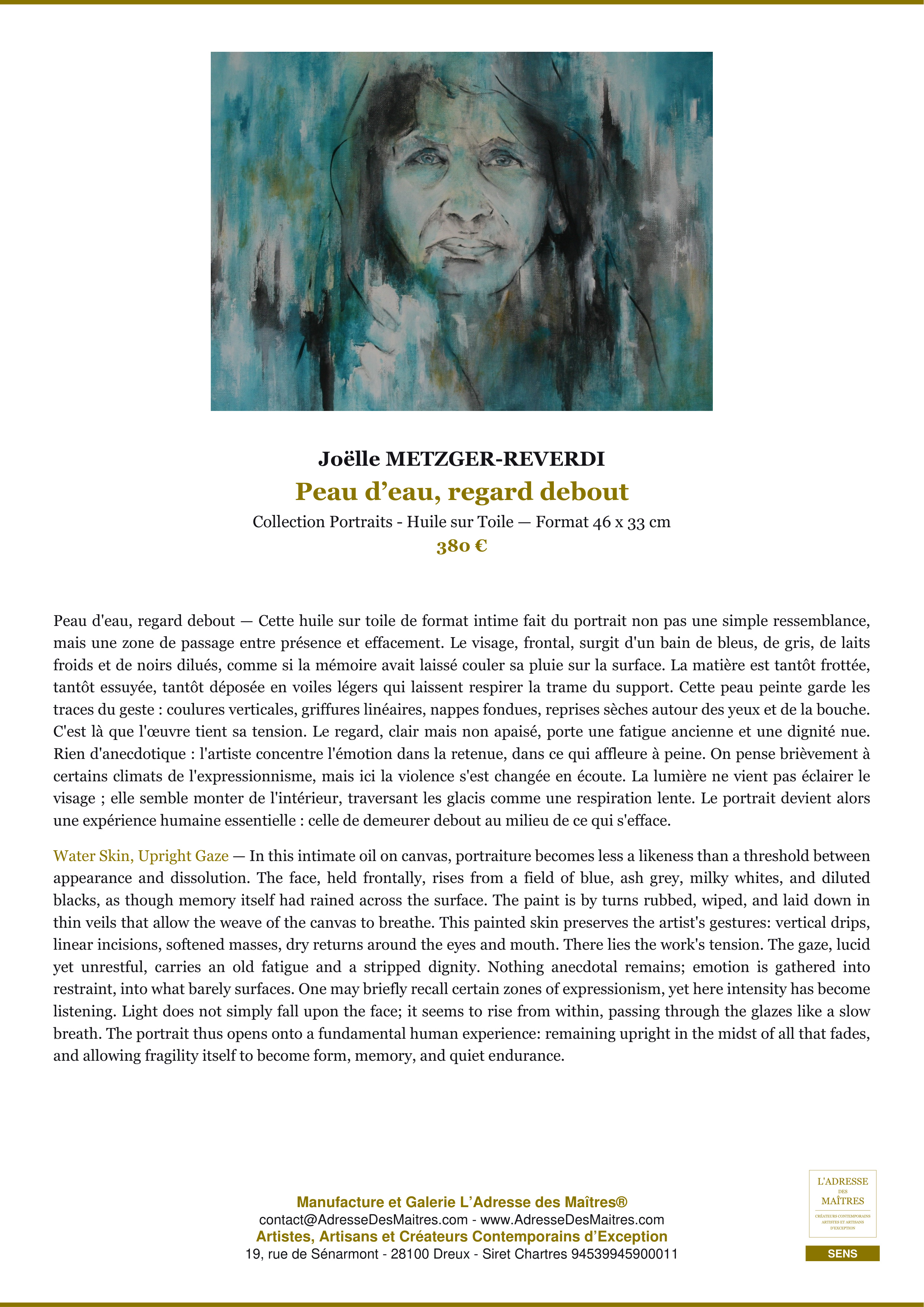 Fiche Premium — Peau d’eau, regard debout — Joëlle METZGER-REVERDI — L'Adresse des Maîtres®