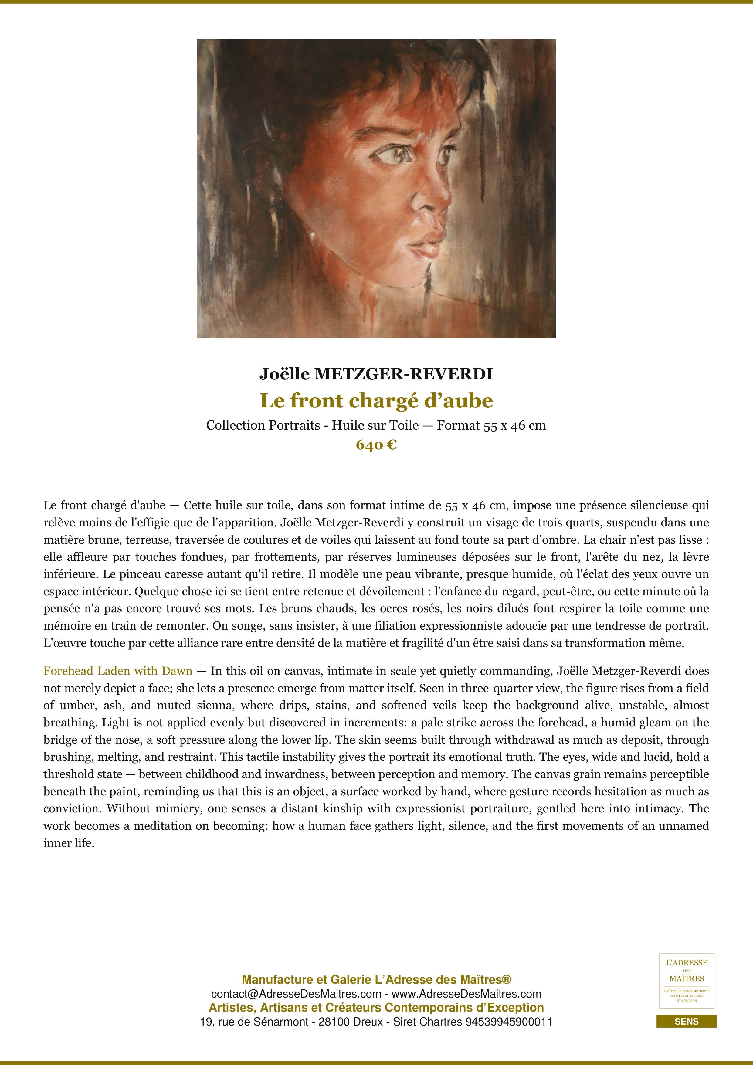 Fiche Premium — Le front chargé d’aube — Joëlle METZGER-REVERDI — L'Adresse des Maîtres®