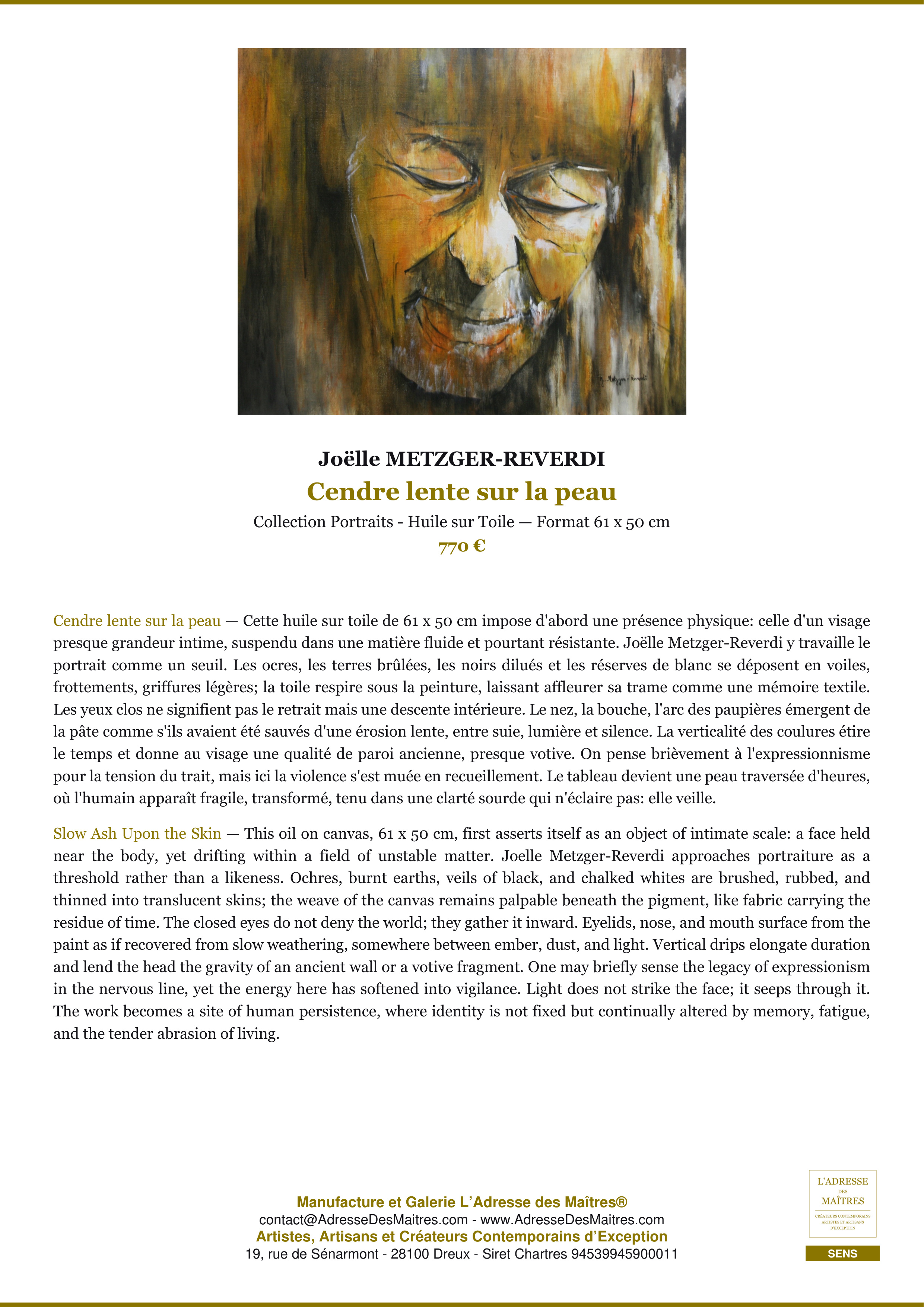 Fiche Premium — Cendre lente sur la peau — Joëlle METZGER-REVERDI — L'Adresse des Maîtres®