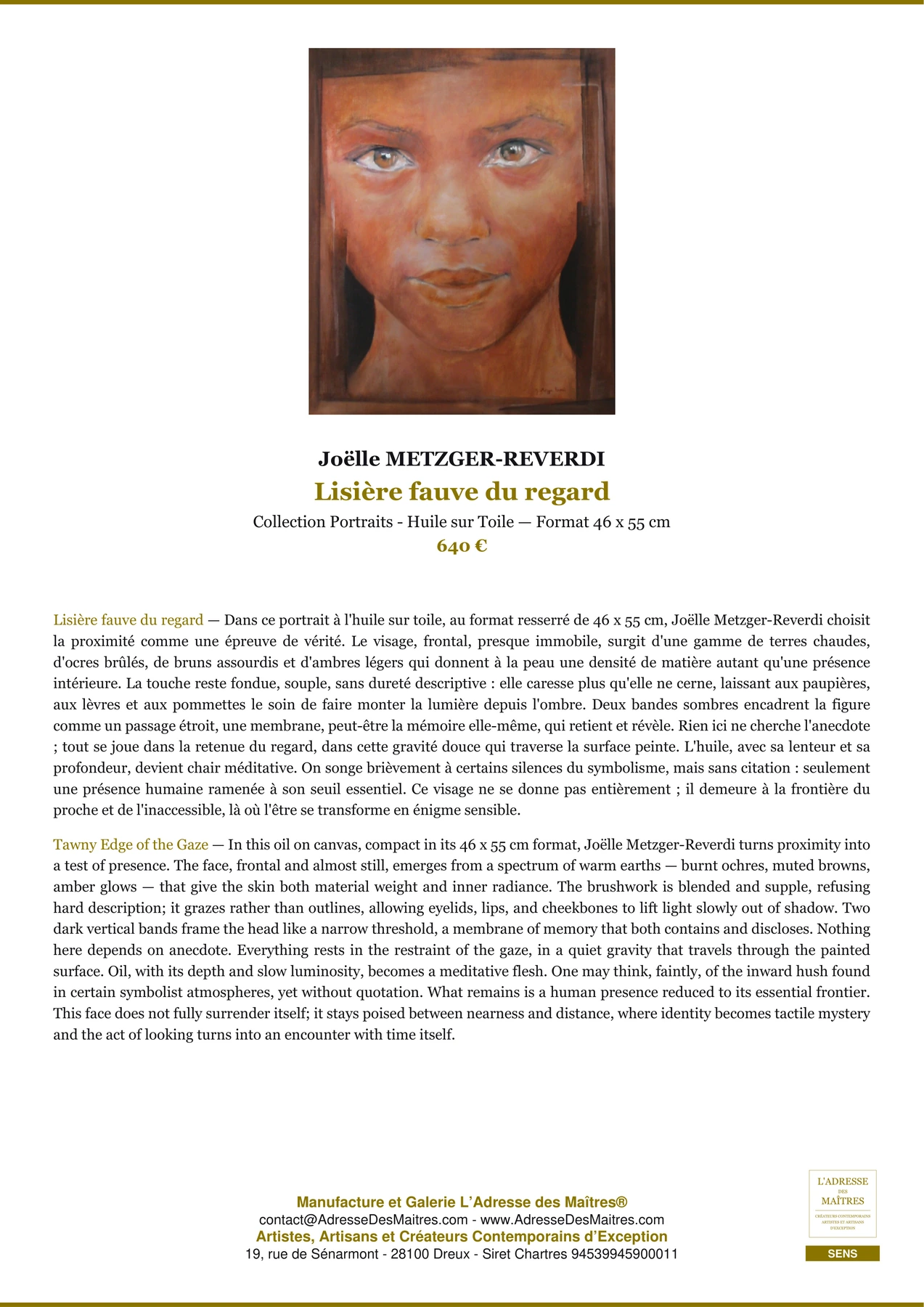 Fiche Premium — Lisière fauve du regard — Joëlle METZGER-REVERDI — L'Adresse des Maîtres®