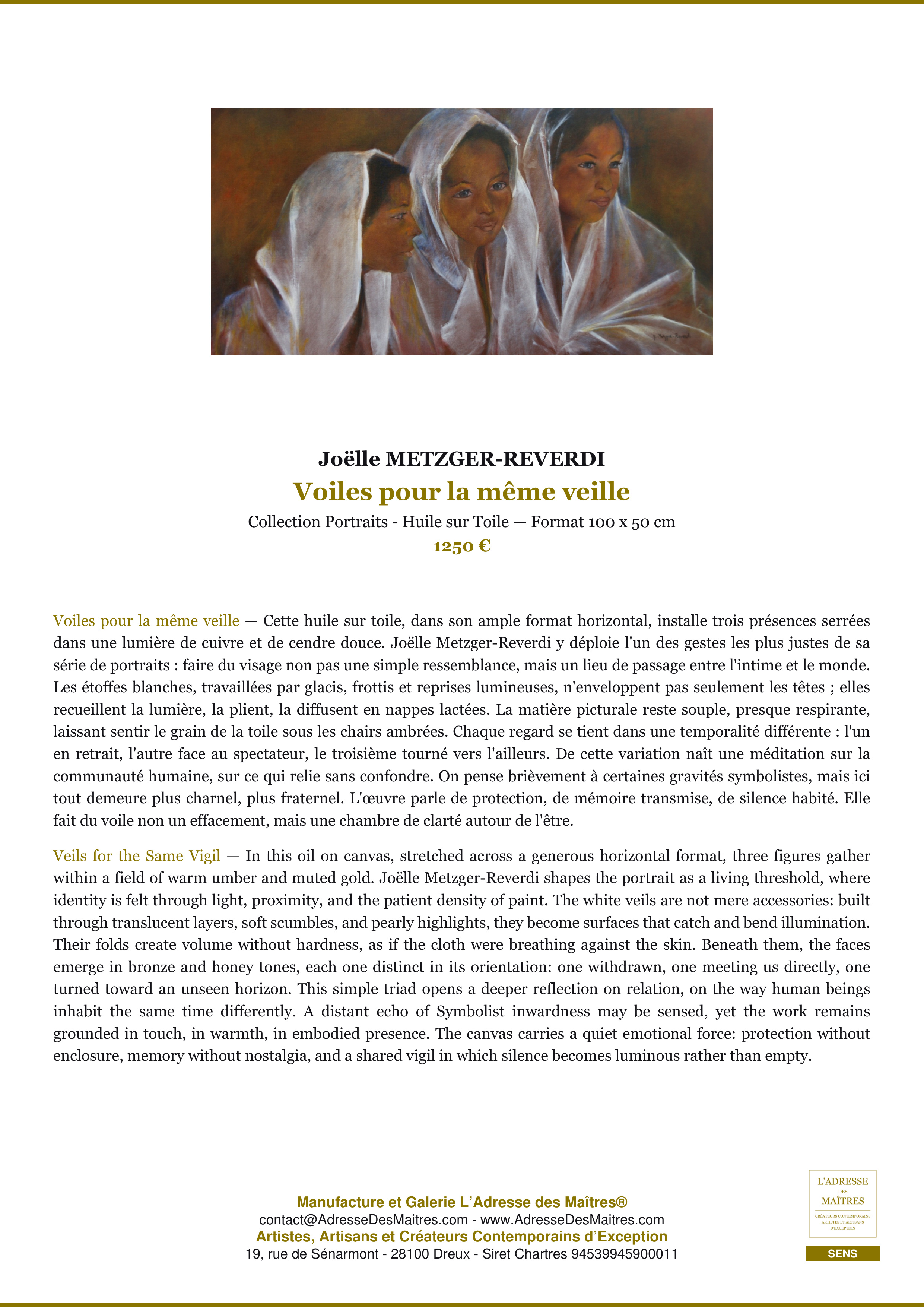 Fiche Premium — Voiles pour la même veille — Joëlle METZGER-REVERDI — L'Adresse des Maîtres®