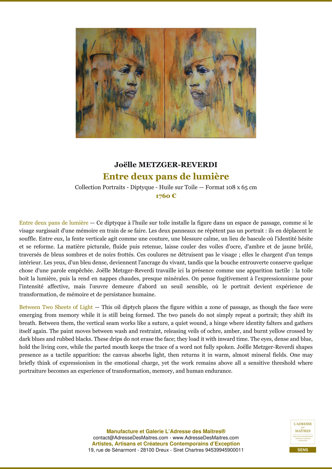 Fiche Premium — Entre deux pans de lumière — Joëlle METZGER-REVERDI — L'Adresse des Maîtres®